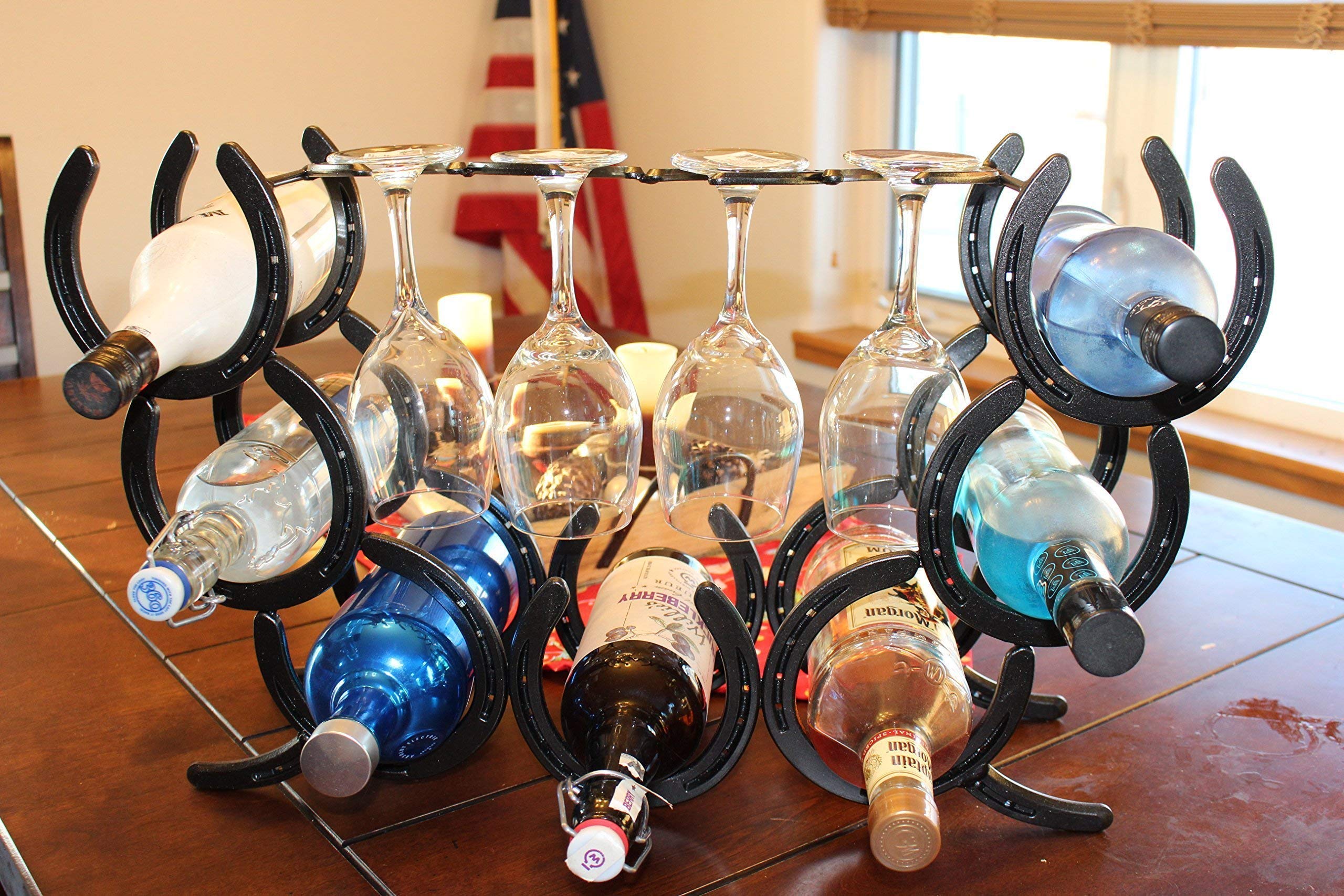 Horseshoe Wine Rack - 7 Bottle & 4 Glass Holder - Rustic Wall Mounted Wine Storage for Kitchen, Bar, or Dining Room Decor