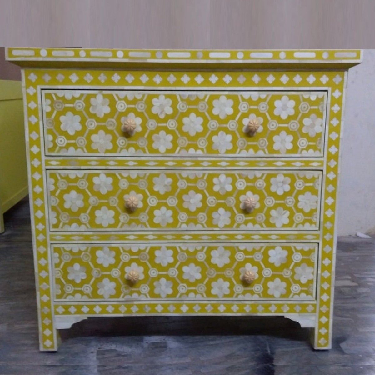 Handmade Bone Inlay Floral Design 3-Drawer Dresser in Mustard Yellow - Vintage Boho Bedroom Furniture for Home Decor & Storage