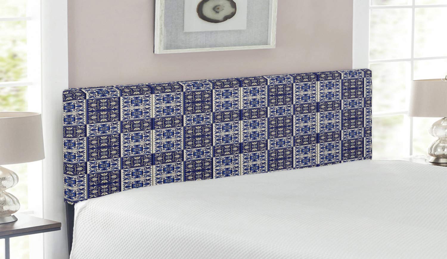 Ambesonne Moroccan Upholstered Headboard Queen Size - Navy Blue & Beige Floral Pattern with Portuguese Azulejo Ornaments, Memory Foam Bed Headboard for Master Bedroom Decor