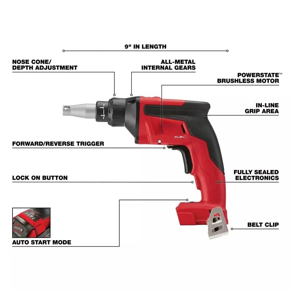 Milwaukee M18 18V Brushless Cordless Drywall Screwgun Drill (2866-20) - Perfect for Drywall Installation, Construction & Home Renovation Projects