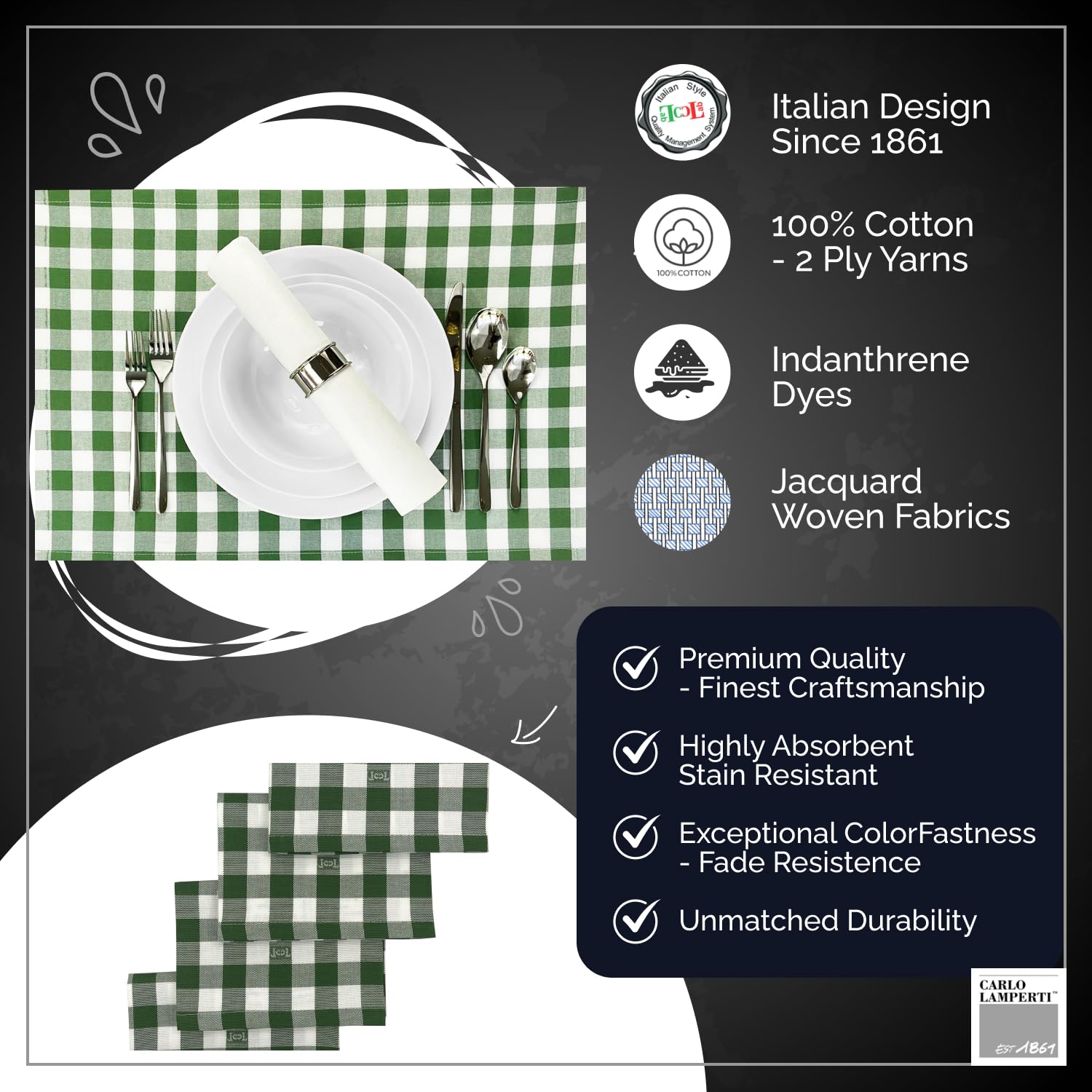 Premium Gingham Check Table Placemats Set of 4 - 100% Cotton Green Plaid Fabric Place Mats 20x14 Inches - Italian Design by Carlo Lamperti - Machine Washable - Minimalist Dining Table Decor for Kitchen, Restaurant & Home Entertaining