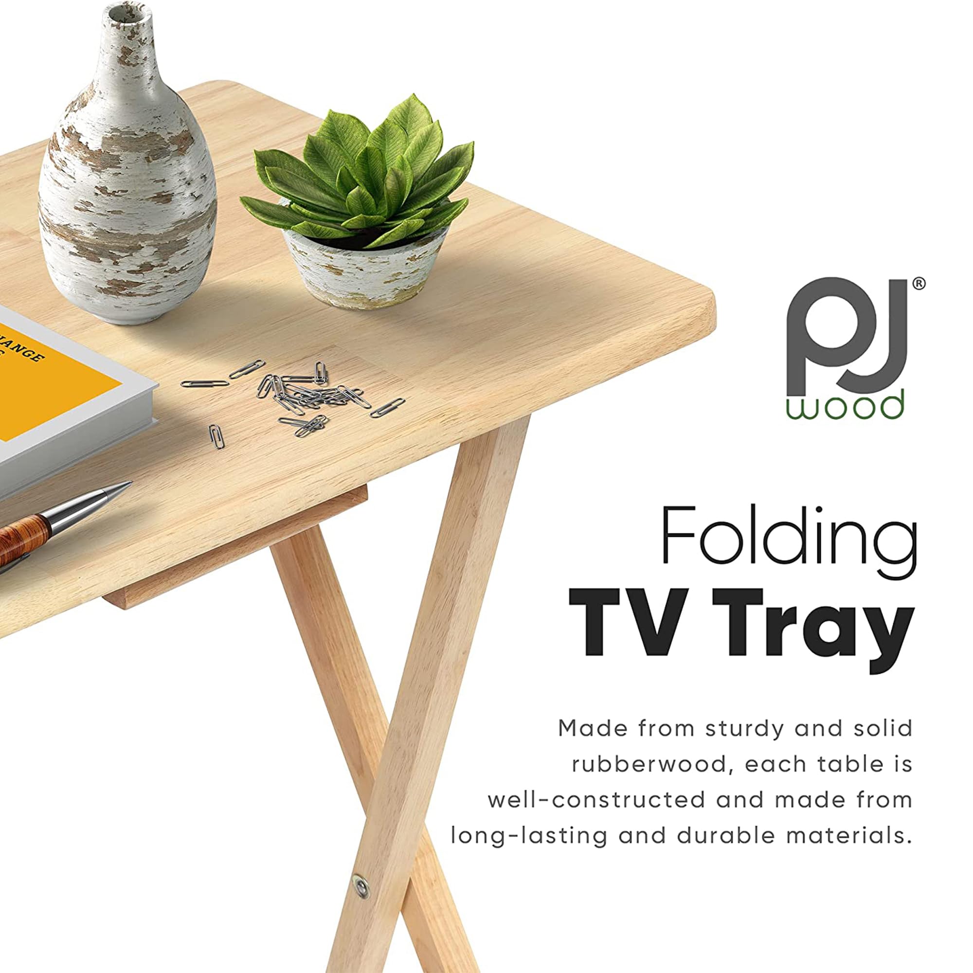 Premium Solid Wood Folding TV Tray Table with Storage Rack - 10-Piece Portable Snack Serving Tray Set for Living Room, Bedroom & Outdoor Use - Natural Finish Rectangle Design - Compact Space-Saving Solution