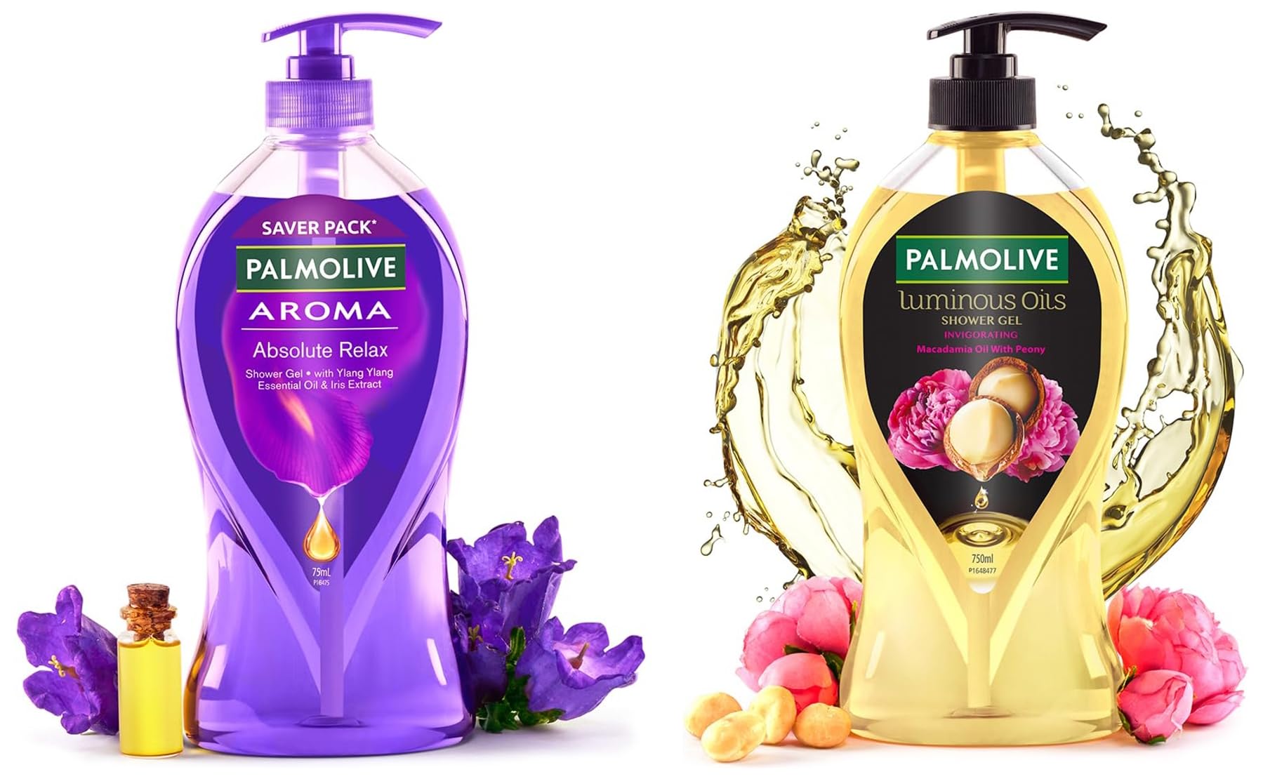 **Palmolive Luminous Oils Invigorating Body Wash with 100% Natural Macadamia Oil & Aroma Absolute Relax Shower Gel, 750ml Pump – Hydrating & Refreshing for Daily Skincare & Spa-Like Bath Experience**