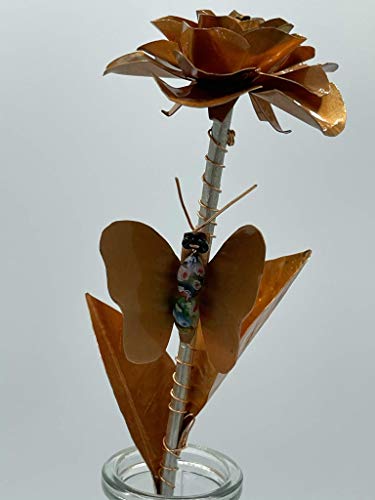 Handmade Copper Rose with Glass Beads - Elegant Butterfly & Vase Decor for Home, Wedding Centerpiece, Romantic Gift for Anniversary or Valentine's Day