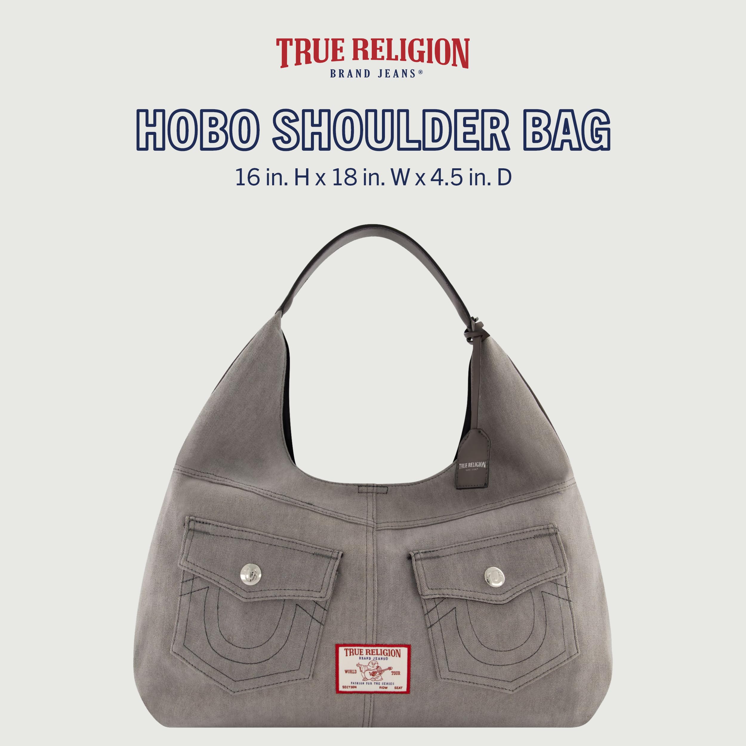 True Religion Women's Large Hobo Shoulder Bag with Front Pockets - Stylish Crossbody Purse for Work, Travel & Everyday Use