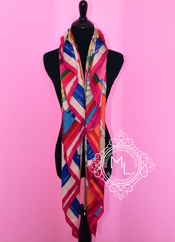Luxury Hermes Cavalleria d'Etriers Fuchsia & Jaune Cashmere Shawl Scarf 140 GM - Perfect for Gifts, Special Occasions & Winter Fashion Accessories