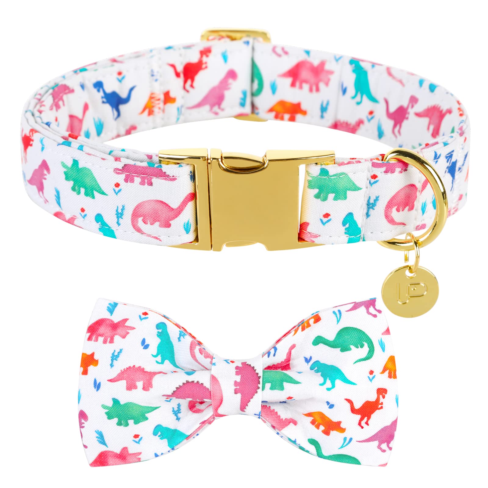 Dinosaur Bow Tie Dog Collar - Adjustable Cotton Pet Collar with Metal Buckle for Puppies, Dogs & Cats (XS) - Perfect for Parties, Weddings & Special Occasions