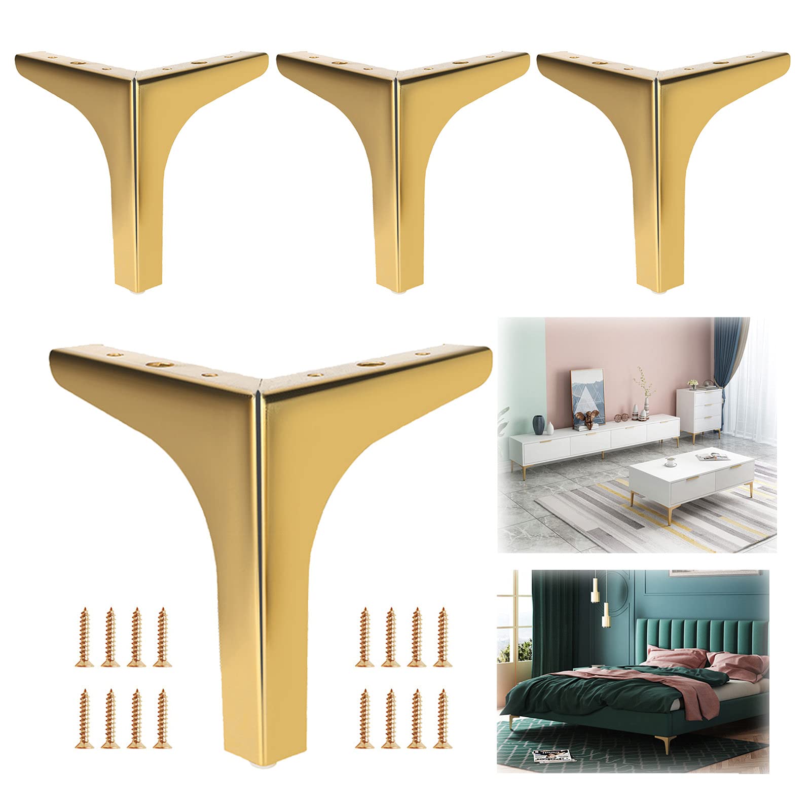 4 Pack Black Metal Table Legs - Heavy Duty Replacement DIY Furniture Legs for Coffee Tables, TV Stands, Wardrobes, Sofas & Beds - Non-Slip Gold Feet (15cm/5.9in) - Perfect for Home Office, Living Room & Bedroom Furniture Upgrades