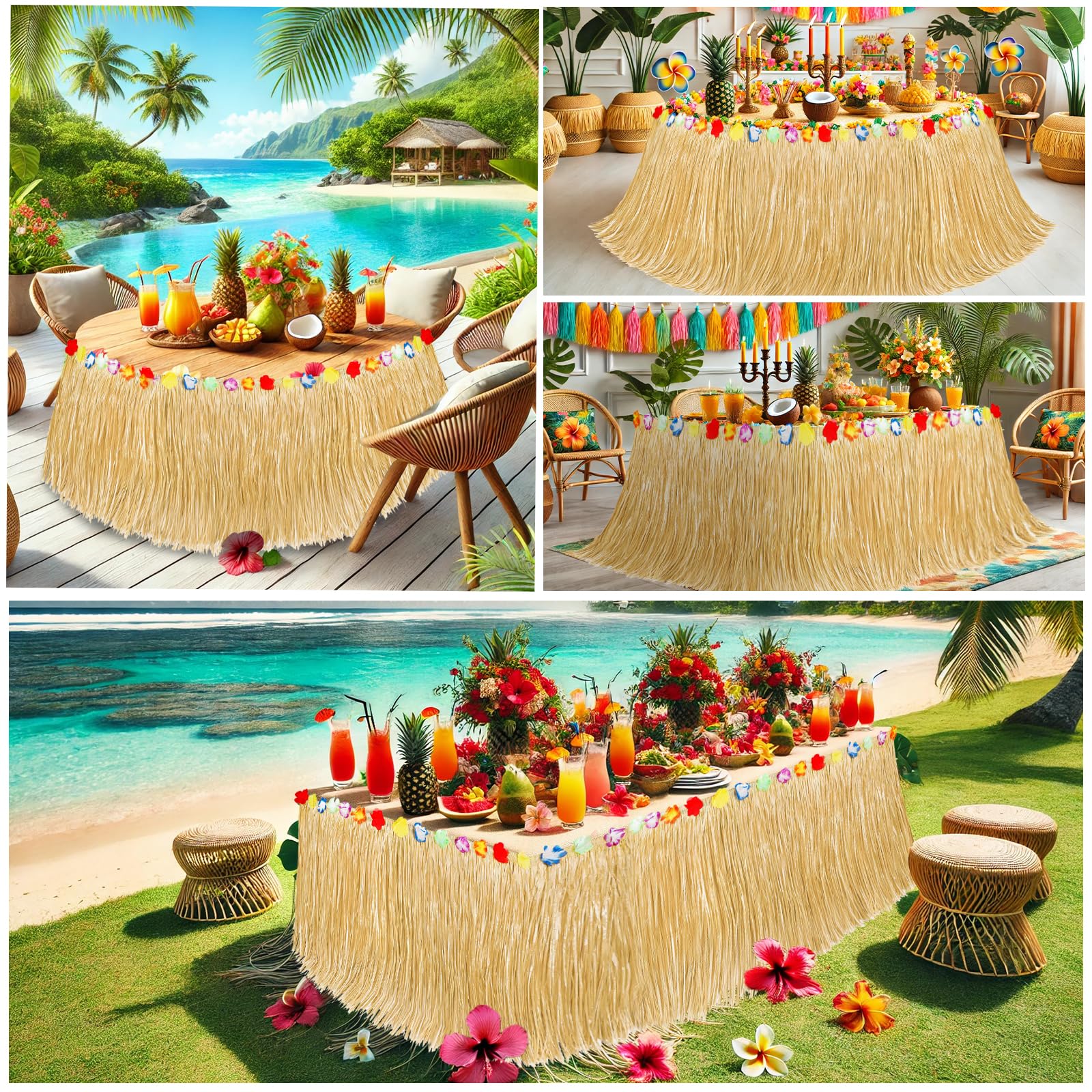 Luau Party Decorations - 2PCS Tropical Hawaiian Grass Table Skirts for Summer Beach Themed Parties, Aloha Luau Favors & Hawaiian Flower Decor | Perfect for Backyard Luaus, Tiki Parties & Tropical Celebrations (Straw Yellow)