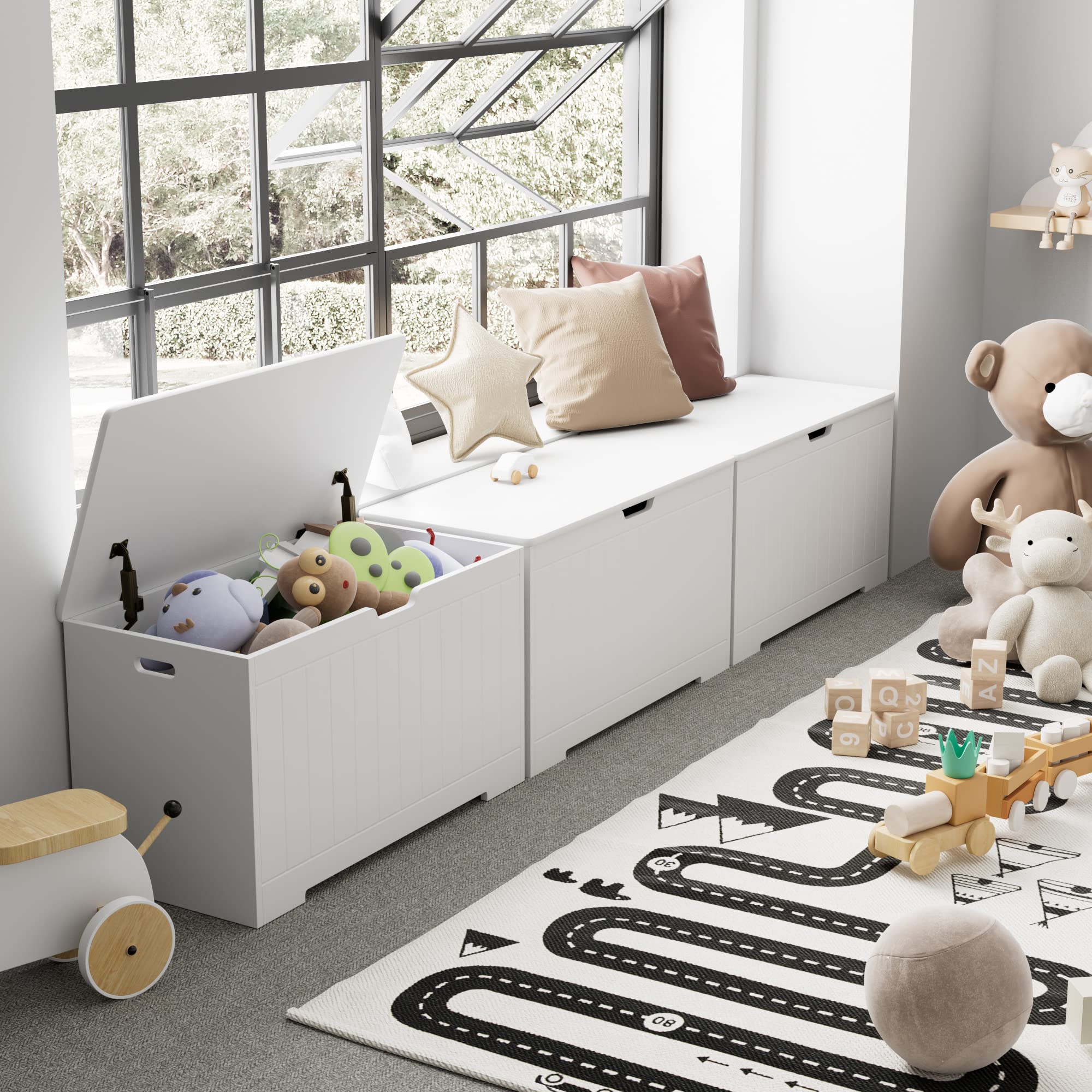 Wooden Toy Storage Chest with Safety Hinge Lid - White Organizer Bench for Kids' Playroom, Nursery & Living Room - Perfect for Storing Toys, Blankets & Home Decor