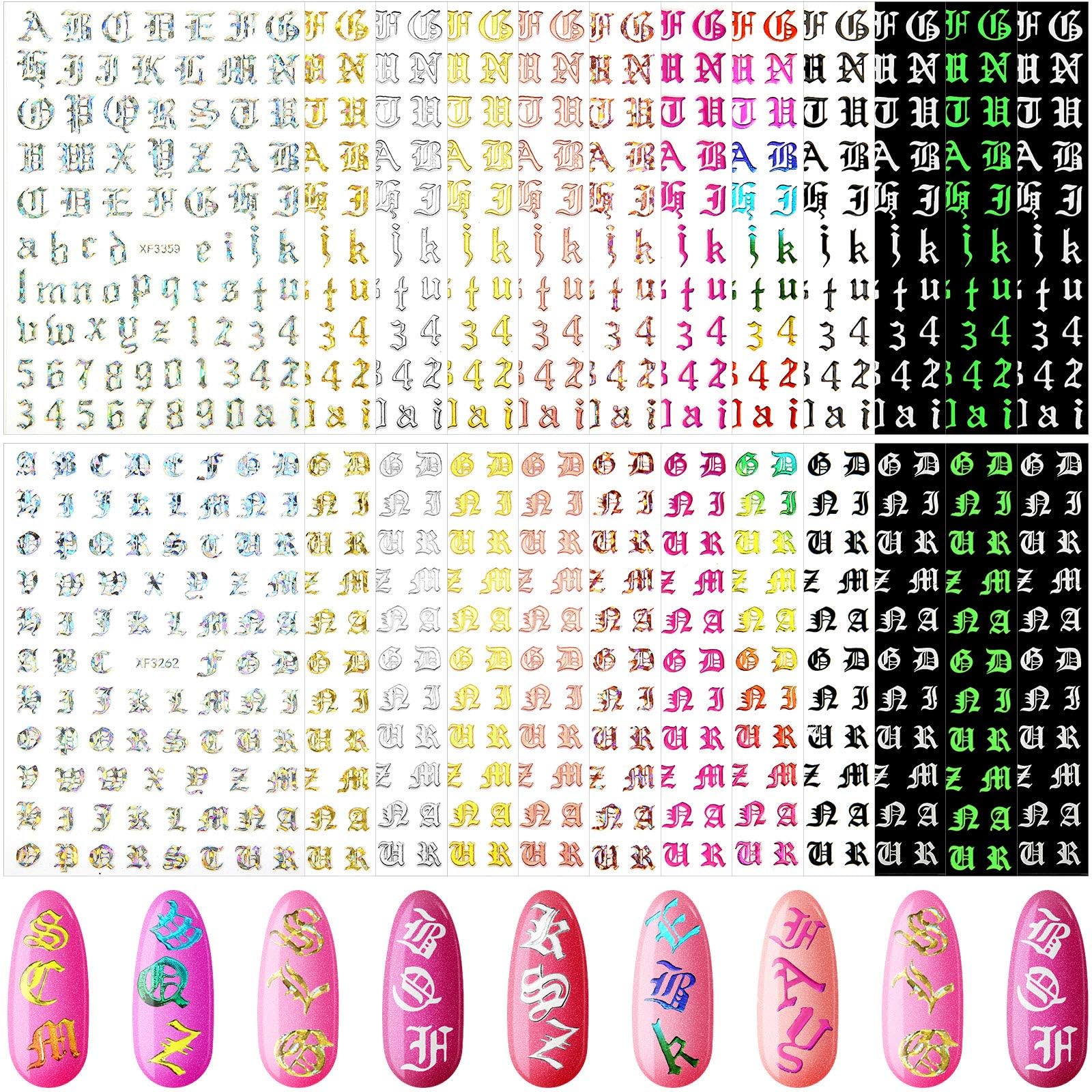 24 Sheets Holographic Letter Nail Art Stickers - Old English Alphabet Nail Decals, 3D Adhesive Nail Stickers for Women & Girls, DIY Manicure Decorations (Chic Colors) - Perfect for Parties, Weddings, Holidays & Everyday Nail Art Designs