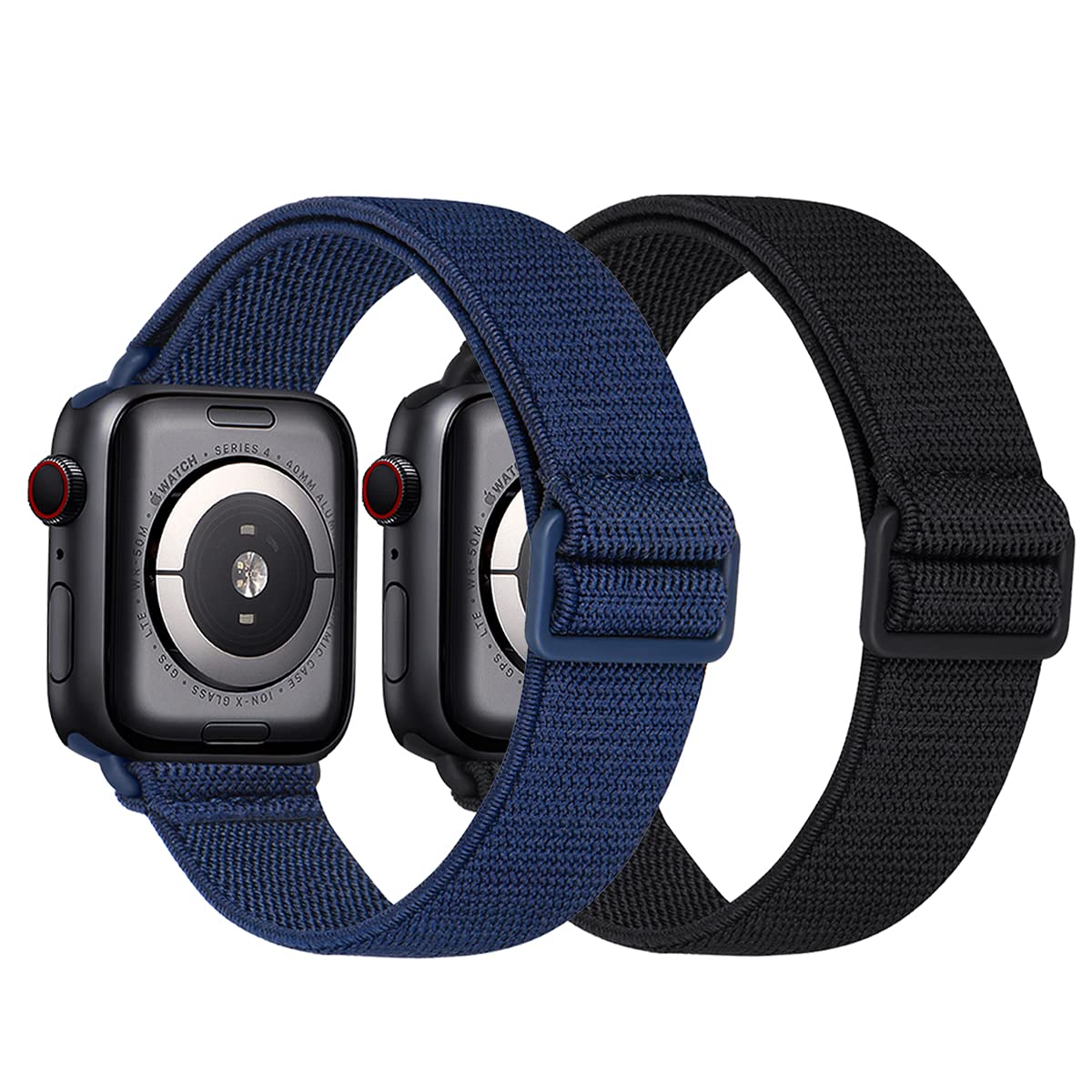 2-Pack Sport Elastic Nylon Apple Watch Bands 44mm 42mm - Adjustable Lightweight Breathable Woven Stretch Strap for iWatch Series 6/5/4/3/2/1/SE - Perfect for Running, Gym Workouts & Daily Wear (Black/Navy Blue)