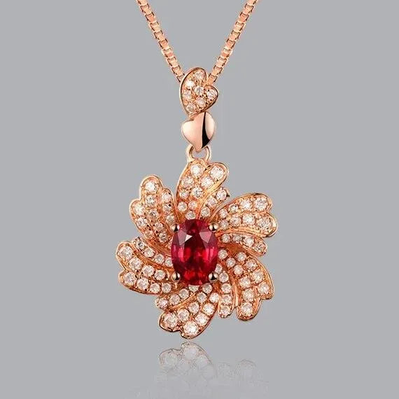14K Rose Gold Oval Cut Natural Diamond & Ruby Pendant Necklace - Elegant Jewelry Gift for Women, Anniversary, Valentine's Day | WP060