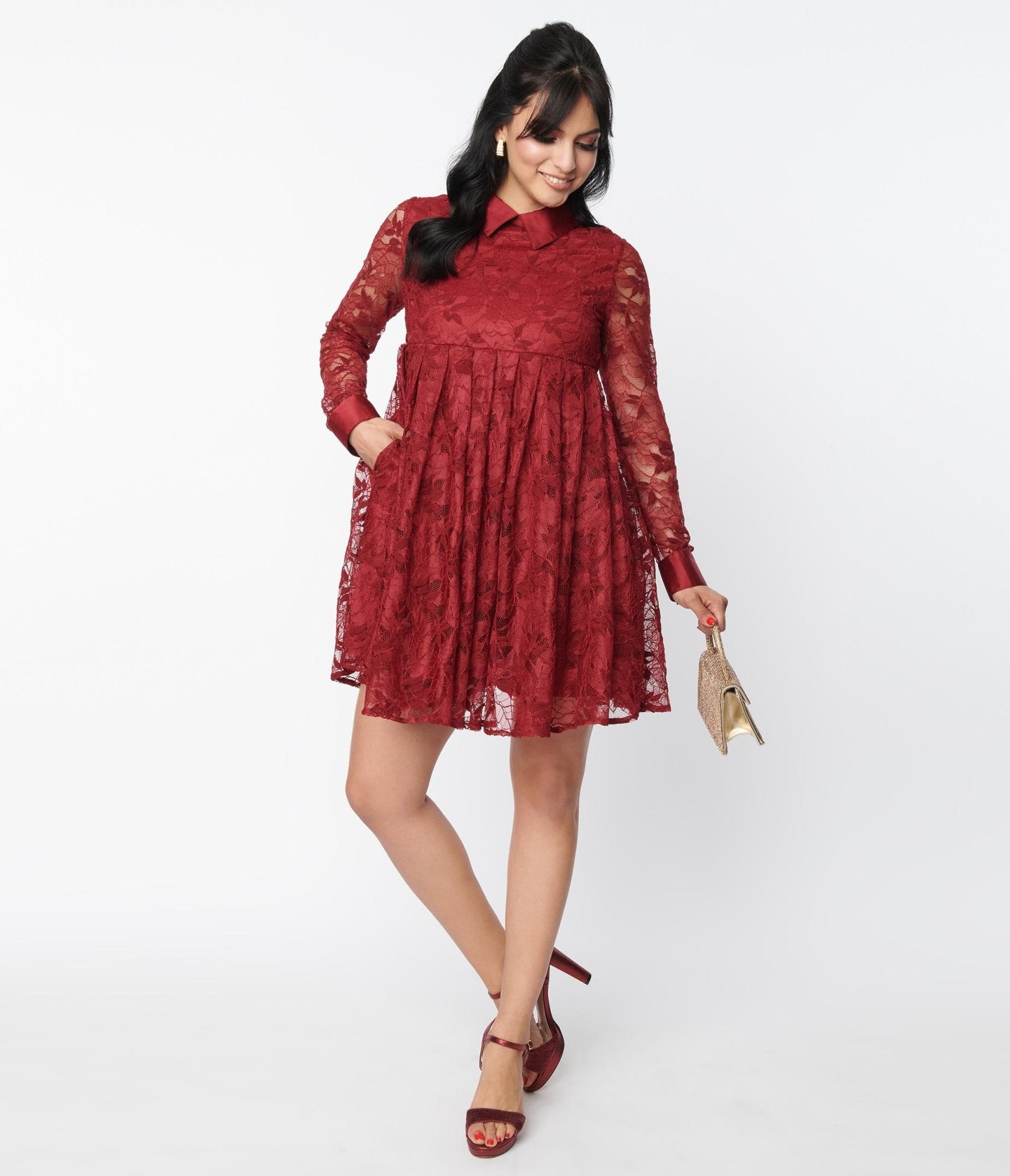Vintage Burgundy Lace Peggy Babydoll Dress - Retro 1950s Style Party Dress for Women, Valentine's Day, Date Night & Special Occasions