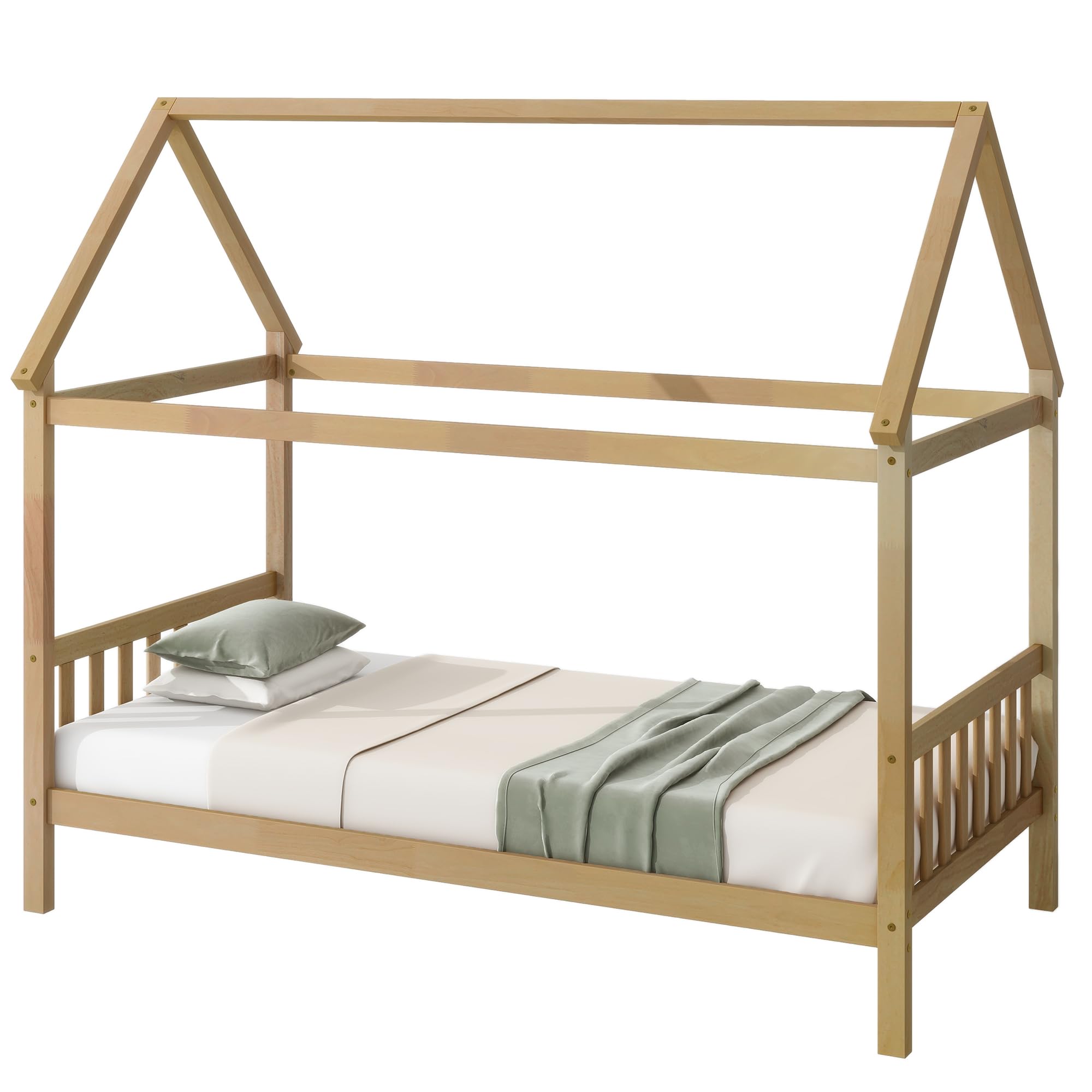 Montessori Twin Size House Bed for Kids - Solid Rubber Wood Platform Bed with Headboard, Footboard & Roof - Low Profile Bed Frame for Girls, Boys & Teens - Natural Wood Finish - Perfect for Bedrooms, Playrooms & Montessori Learning Spaces