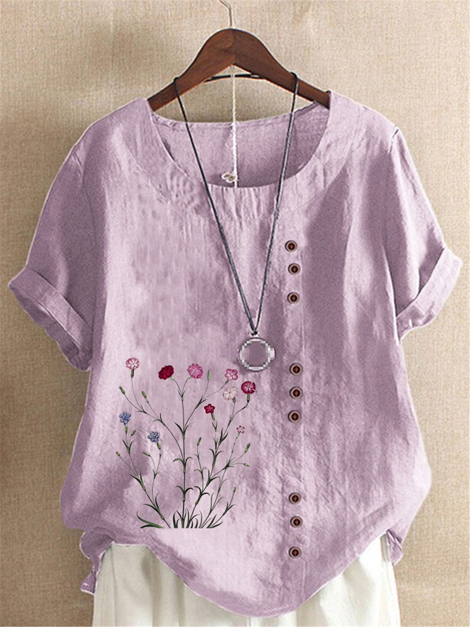 Floral Printed Linen T-Shirt for Women - Summer Short Sleeve O-Neck Blouse, Loose Fit Plus Size White Top - Perfect for Beach Outings, Casual Wear & Vacation Style