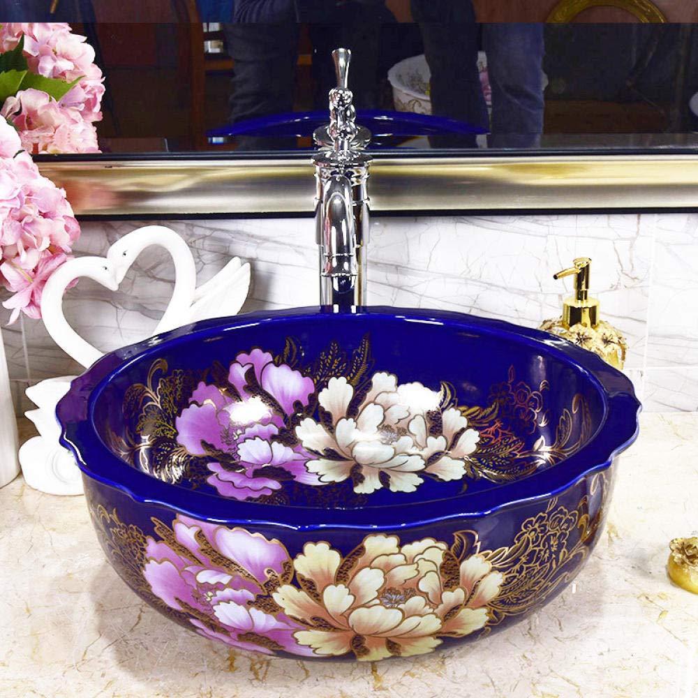 Vintage Blue Ceramic Vessel Sink - Handmade Countertop Bathroom Basin with Rustic Style | Perfect for Modern Farmhouse, Coastal, or Boho Chic Bathroom Decor