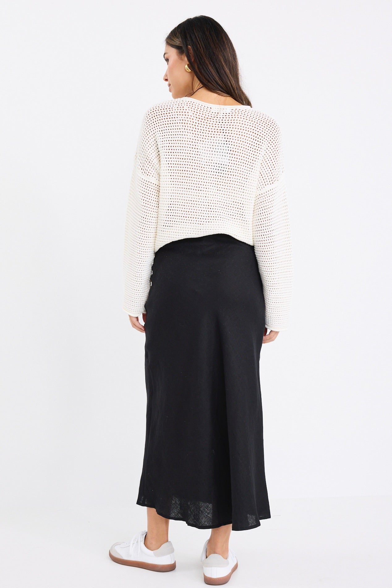 Bliss Black Linen Bias Midi Skirt for Women - Summer Casual A-Line Skirt with Side Slit - Perfect for Office, Date Night & Vacation