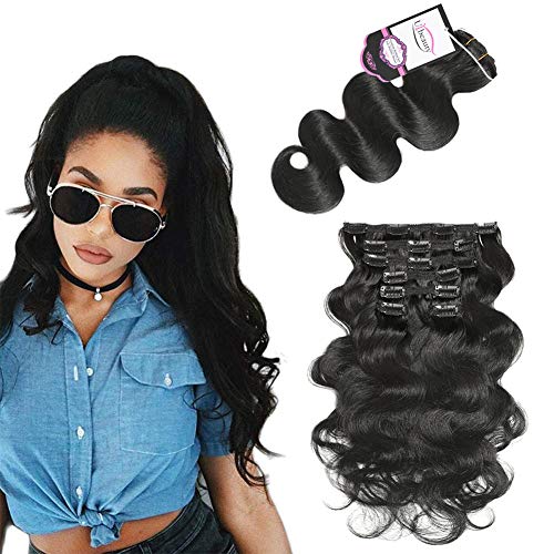 Urbeauty Jet Black Wavy Clip-in Human Hair Extensions - 16 Inch 7Pcs/90g Body Wave Remy Hair - Natural Looking Full Head Hairpieces for Daily Styling & Special Occasions