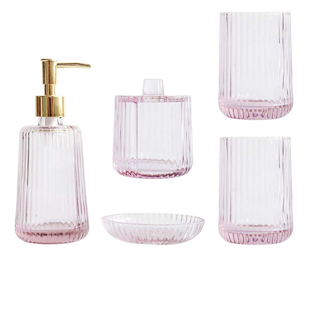 AWJ 5-Piece Bathroom Accessories Set - Glass Soap Dispenser, Cotton Swab Holder, Soap Dish & Cup - Elegant Pink Decor for Modern Bathrooms, Vanity & Guest Bath Setup