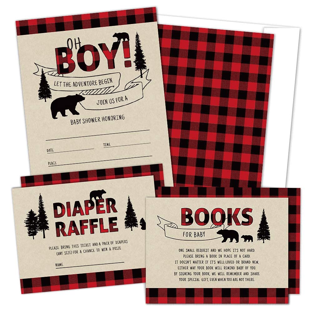 25-Piece Rustic Lumberjack Baby Shower Invitation Set for Boys - Buffalo Plaid Oh Boy Baby Shower Cards with Diaper Raffle Tickets & Envelopes - Perfect for Woodland-Themed Baby Showers and Gender Reveal Parties