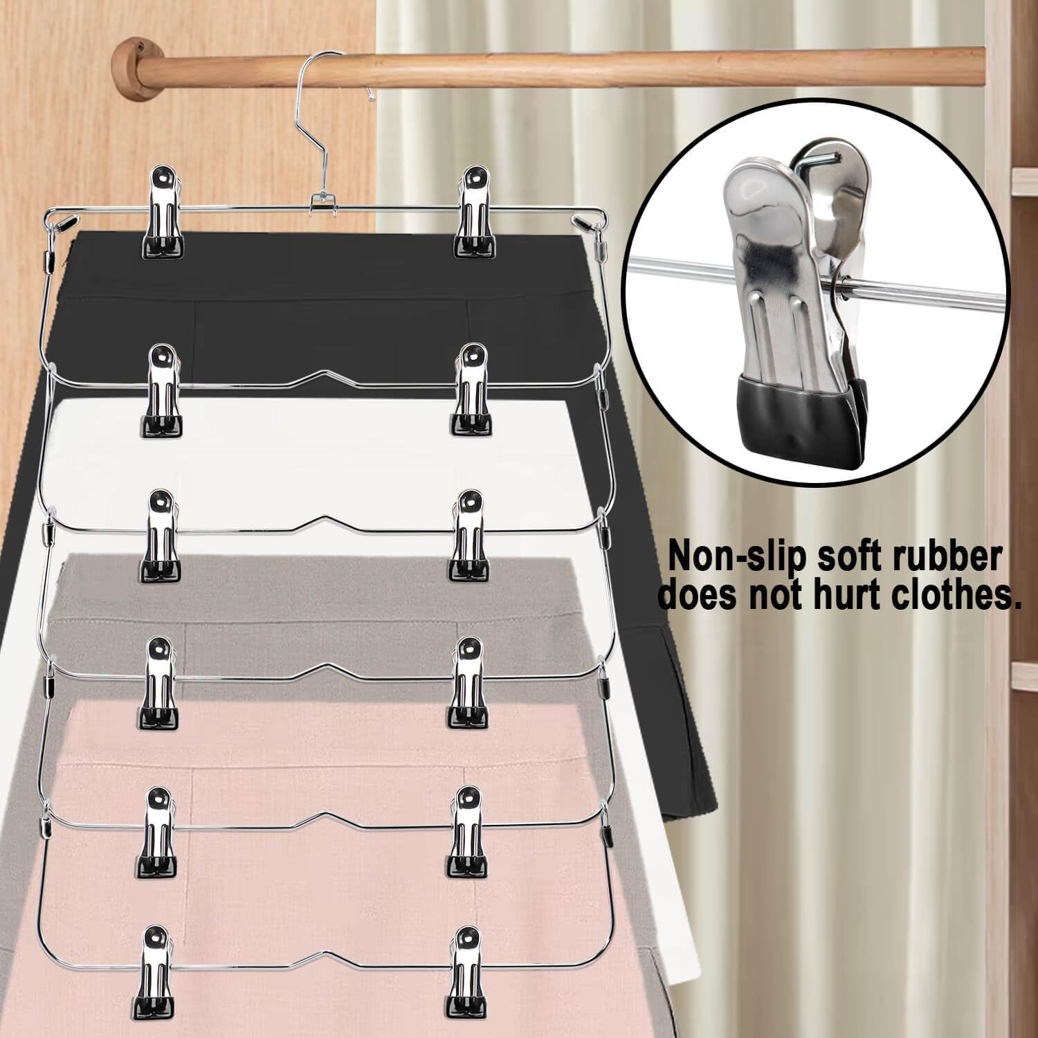6-Tier Metal Skirt & Pants Hangers with Non-Slip Clips - Space Saving Closet Organizer for Shorts, Skirts & Clothes Storage (Black, 4-Pack) - Perfect for Wardrobe Organization & Small Closet Spaces