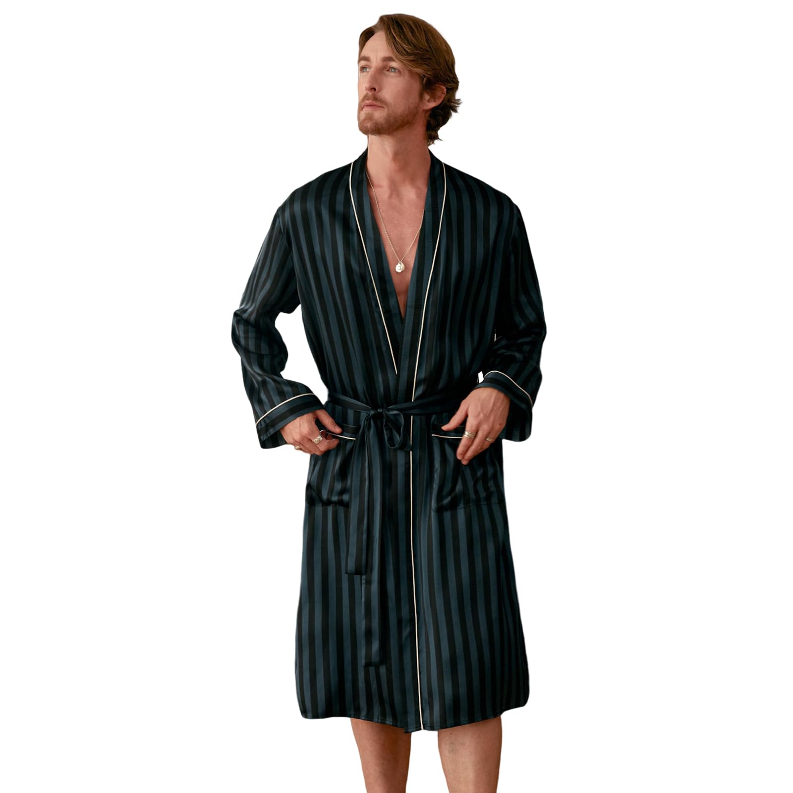Luxury Mulberry Silk Robe for Men - Lightweight Long Sleeve Bathrobe & Sleepwear - Perfect for Spa, Lounging & Relaxation at Home