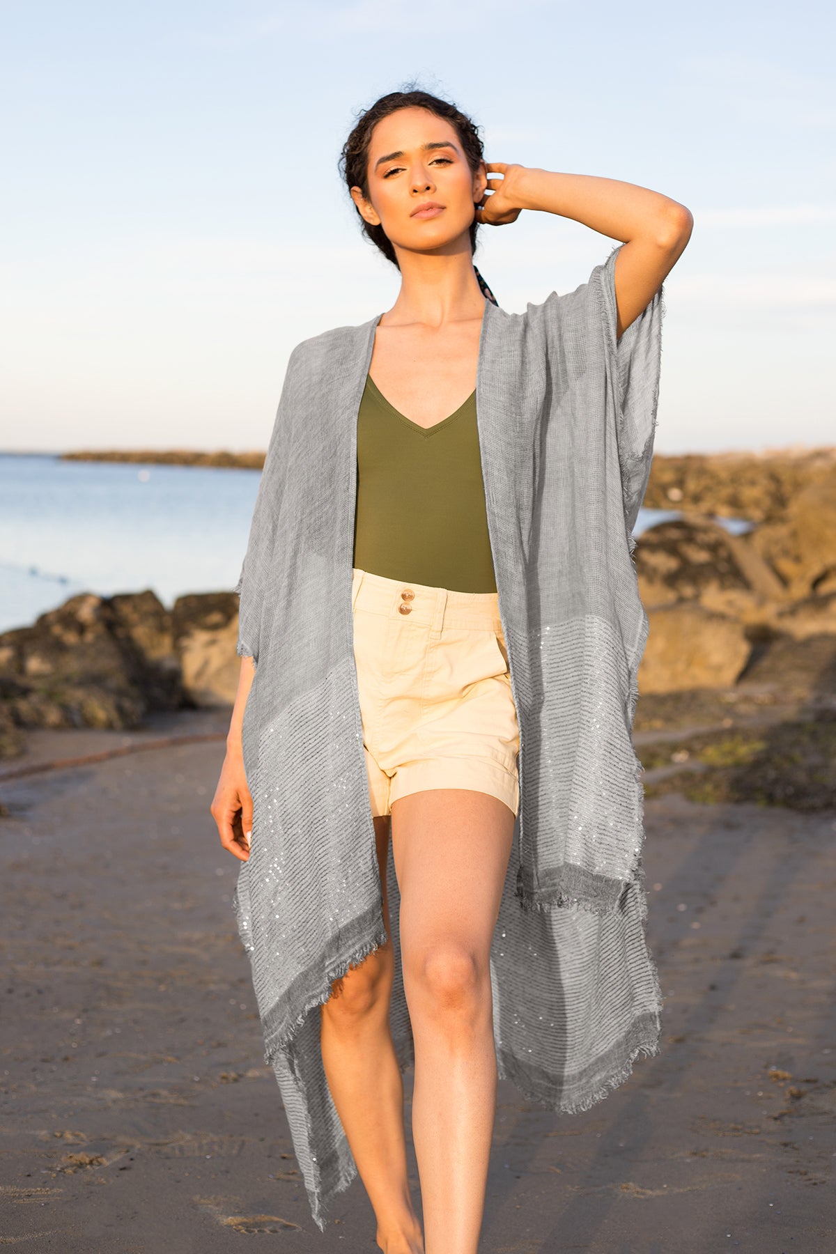 Elegant Fringed Sequin Kimono Robe - Women's Boho Chic Cover Up for Beach, Pool Party & Evening Wear