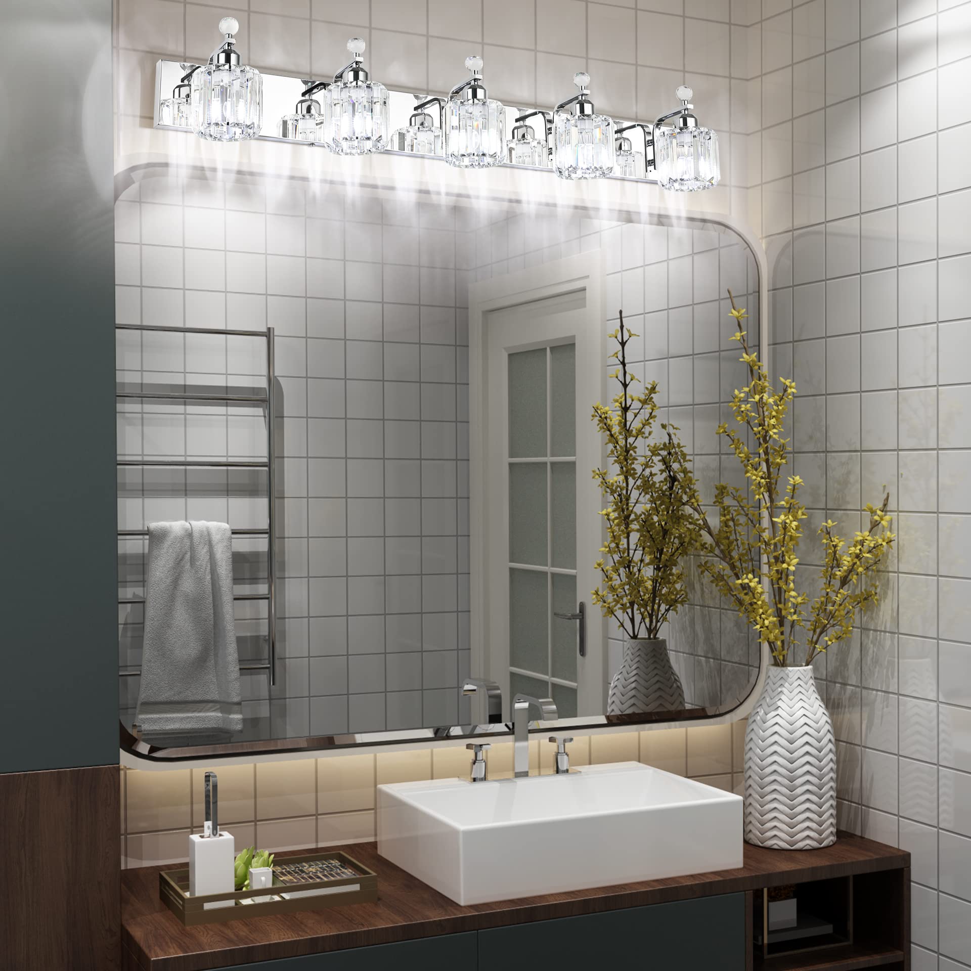 Modern Crystal Bathroom Vanity Light Fixture - 5-Light Chrome Vanity Lighting for Bathroom Mirror (Bulbs Not Included) | Perfect for Contemporary Bathrooms, Master Suites & Powder Rooms