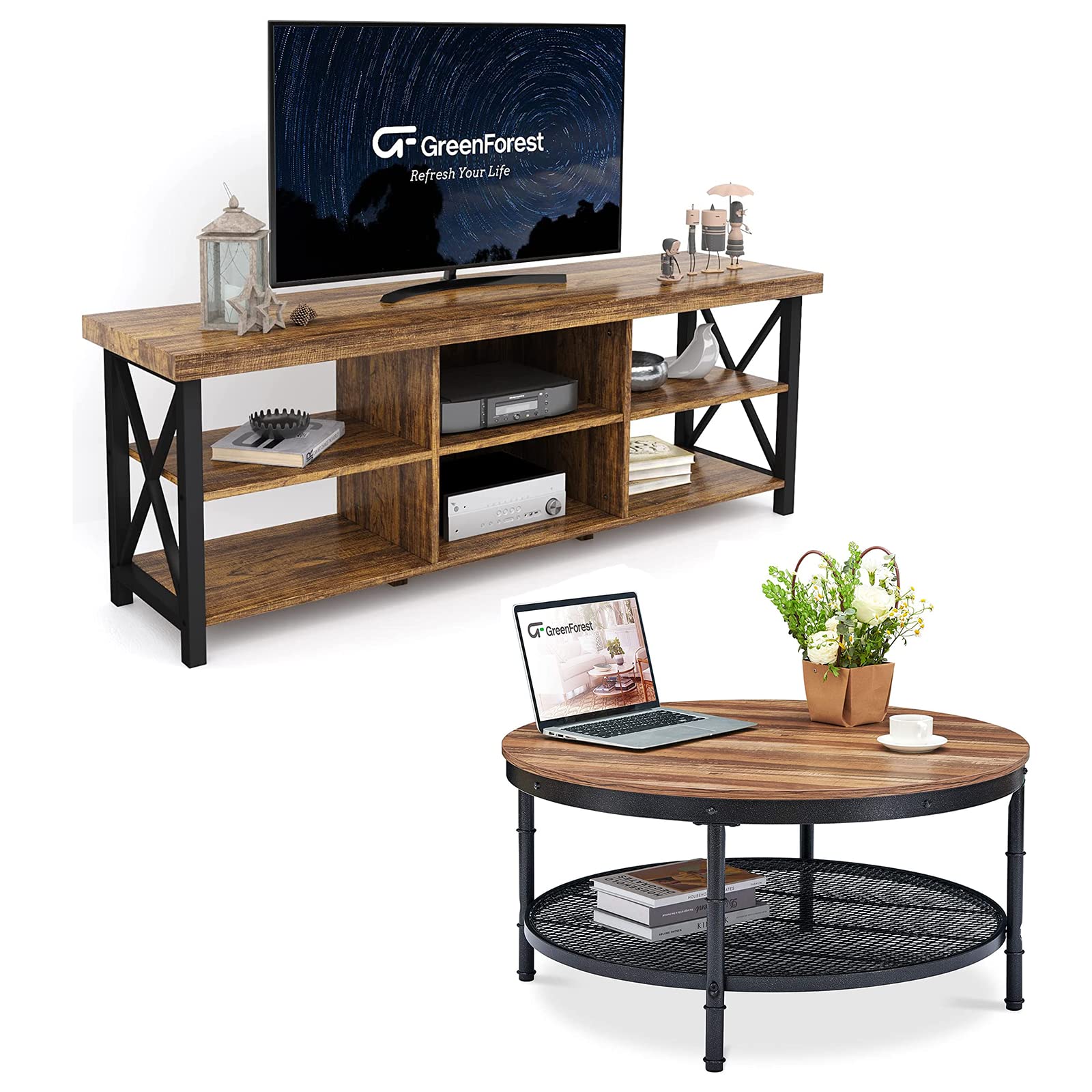 GreenForest 65 inch TV Stand with 6 Storage Cabinets - Industrial Style Entertainment Center & TV Console Table for Living Room (Fits 55-65 inch TVs, 35.8 inch Round Coffee Table) - Perfect for Home Theater Setup & Living Room Organization