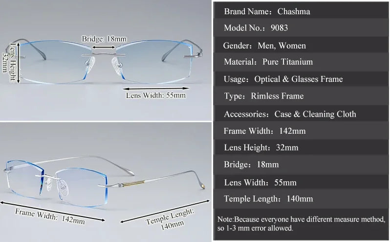Lightweight Titanium Rimless Square Eyeglasses for Men - Premium Comfort & Style - Perfect for Office, Reading & Everyday Wear