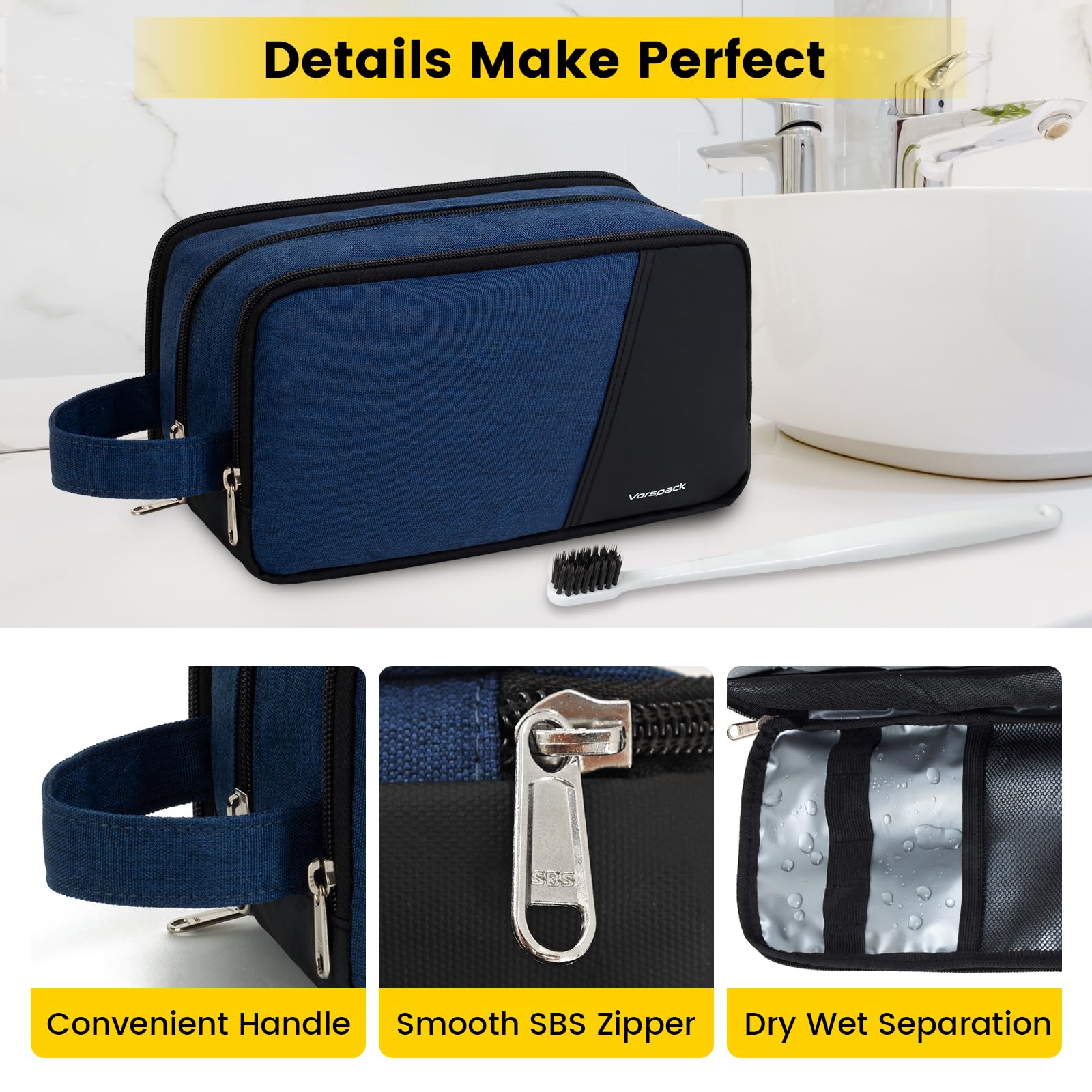 Vorspack Large Waterproof Travel Toiletry Bag for Men - Durable Dopp Kit with Multiple Compartments for Skincare, Shaving & Bathroom Essentials - Perfect for Gym, Camping & Business Trips - Navy Blue