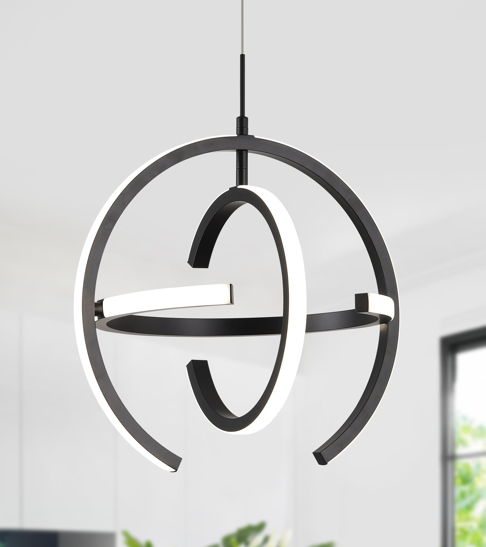 Q&S Modern LED Chandelier - Black Round Globe Hanging Pendant Light Fixture for Entryway, Kitchen Island, Dining Room, Living Room & Stairway - Perfect for Home Decor, Restaurant Lighting & Commercial Spaces