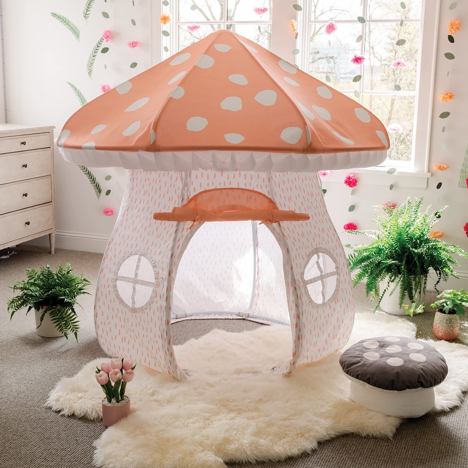 MindWare Mushroom Playhouse Tent for Kids – Indoor Play Tent, Reading Nook, Playroom & Classroom Decor – Gnome & Fairy Themed Toddler Playhouse & Sleepover Tent – Over 5 Feet Tall – Ages 3+ – Perfect for Imaginative Play, Storytime & Sleepovers