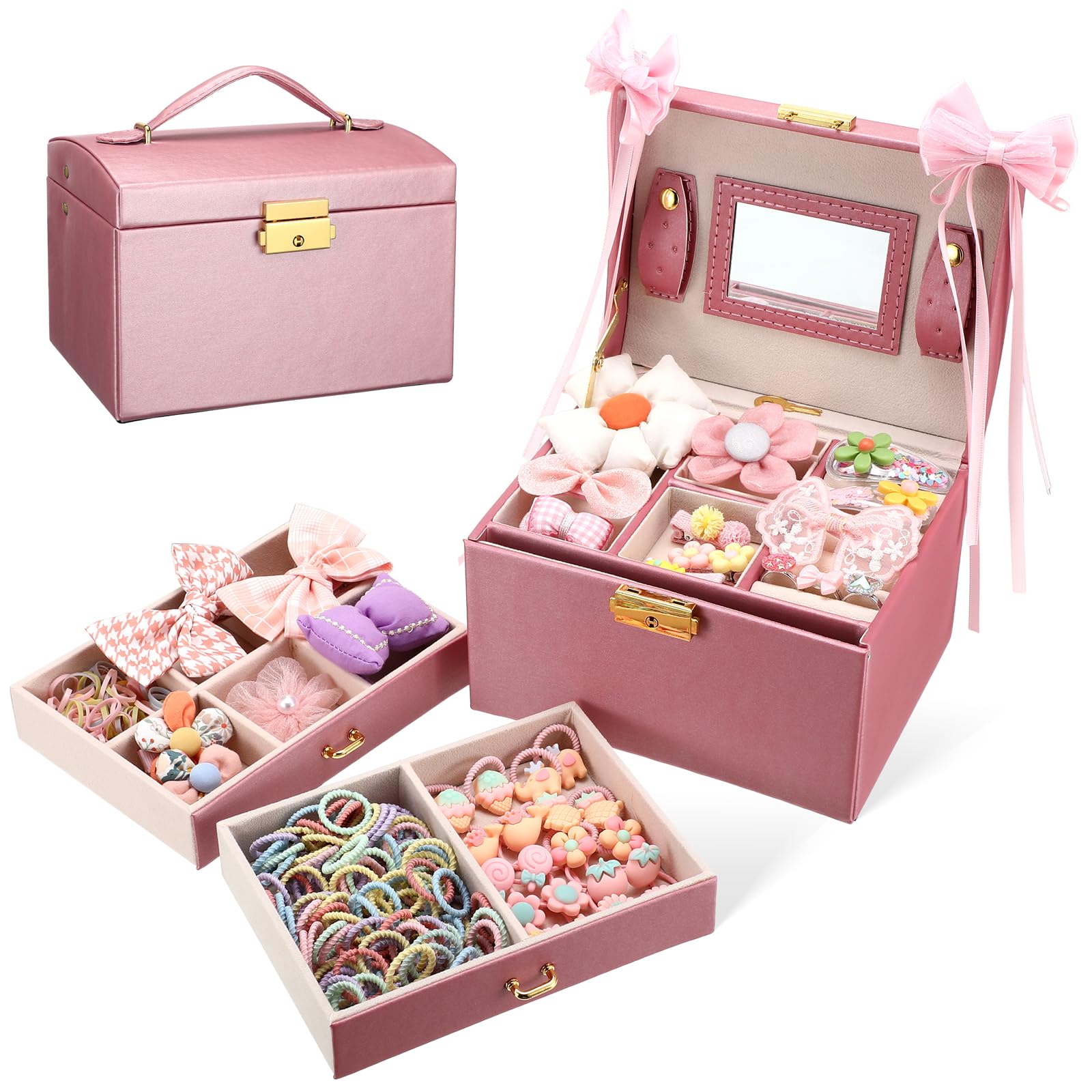 52-Piece Hair Accessories & Jewelry Box Set for Girls - 3-Layer Large Pink Princess Storage Organizer with Hair Ties, Clips & Dress-Up Toys | Perfect Gift for Birthday, Party Play & Pretend Play Scenes