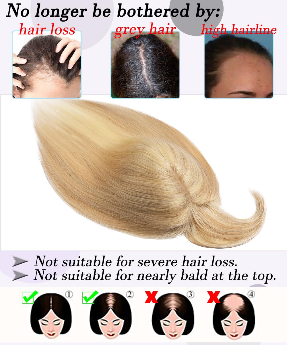 18 Inch Real Human Hair Toppers for Women with Thinning Hair - Silk Base Clip-in Hair Topper with Bangs for Hair Loss & Grey Hair (Ash Blonde Mix Bleach Blonde) | Perfect for Daily Wear, Special Occasions & Confidence Boosting