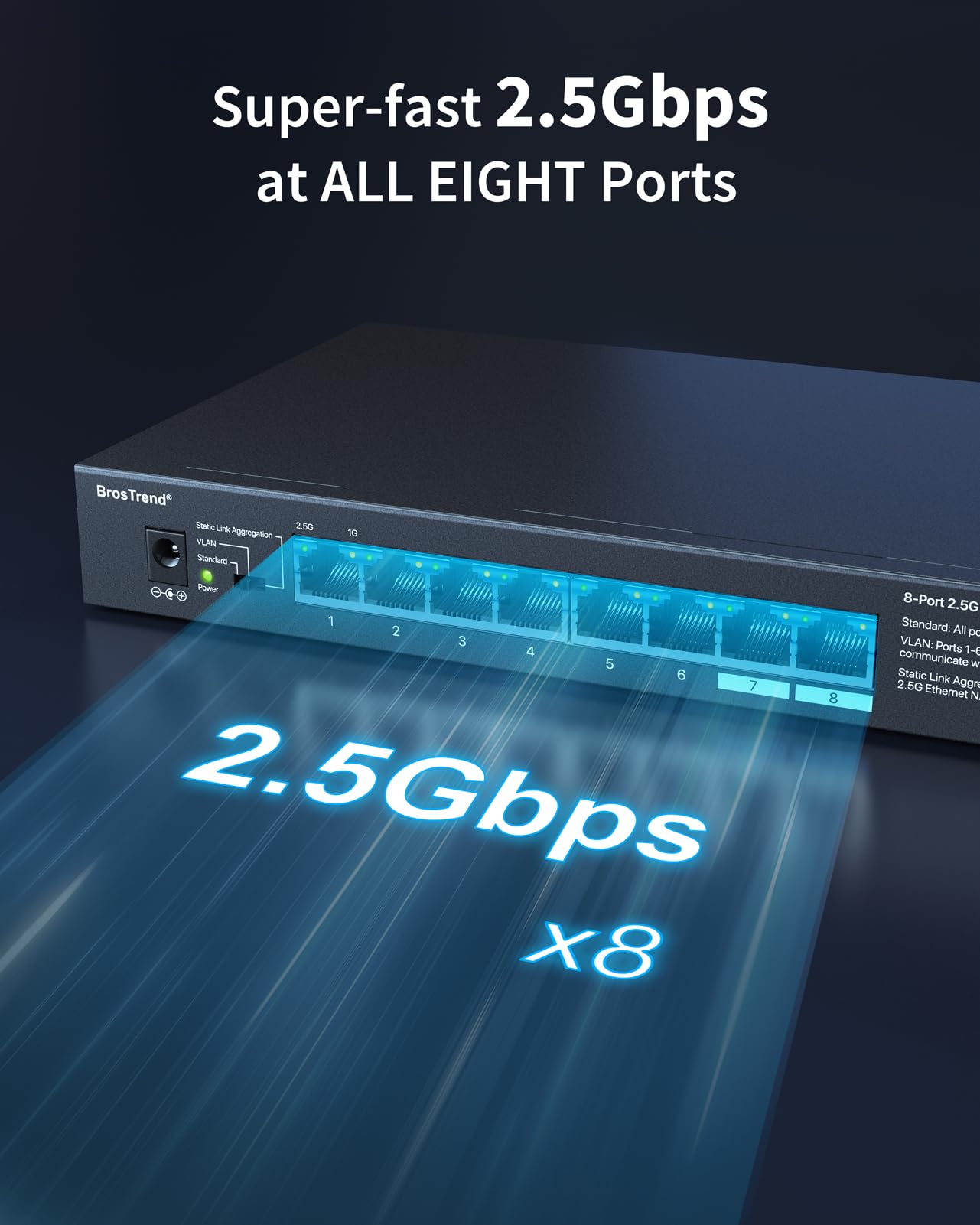 BrosTrend 8-Port 2.5G Multi-Gigabit Ethernet Switch - Unmanaged Network Switch with VLAN Support, Static Link Aggregation, Silent Operation, Wall Mountable for Home & Small Business Use - Lifetime Warranty - Perfect for Home Office, Gaming Setup, and Small Business Networks