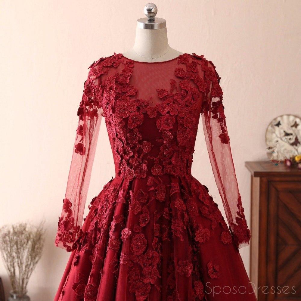 Elegant Long Sleeve Lace Dark Red Evening Prom Dress - Custom Sweet 16 Gown for Formal Events, Parties & Special Occasions | Style 18533