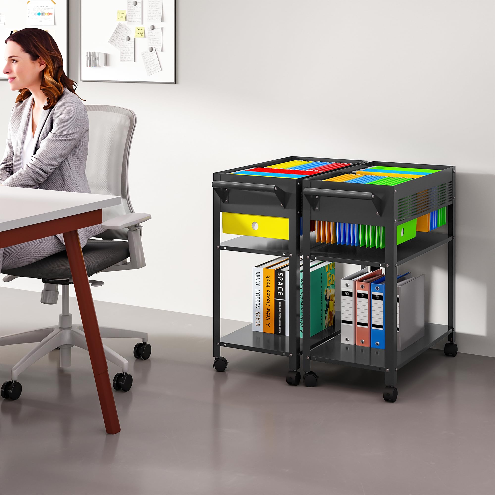 Black Mesh Rolling File Cart with Wheels - Hanging File Organizer Cabinet for A4/F4/Letter/Legal Files - Mobile Metal Filing Storage Cart for Home Office & Workspace Organization (Ideal for Documents, Office Supplies & Stationery Storage)