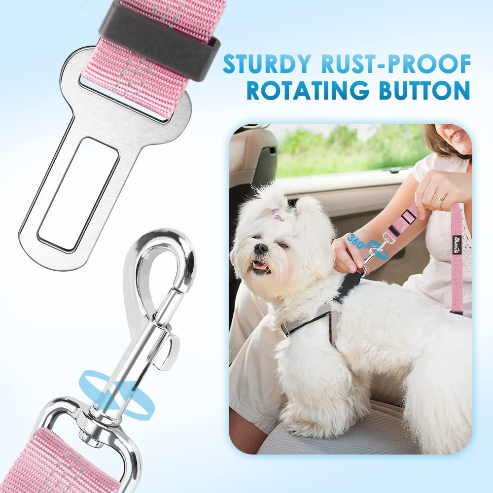SlowTon 2-Pack Adjustable Dog Seat Belt for Cars - Elastic Bungee Buffer Pet Safety Harness with Reflective Tether (Pink) | Headrest + Clip Attachment | Perfect for Road Trips & Vet Visits
