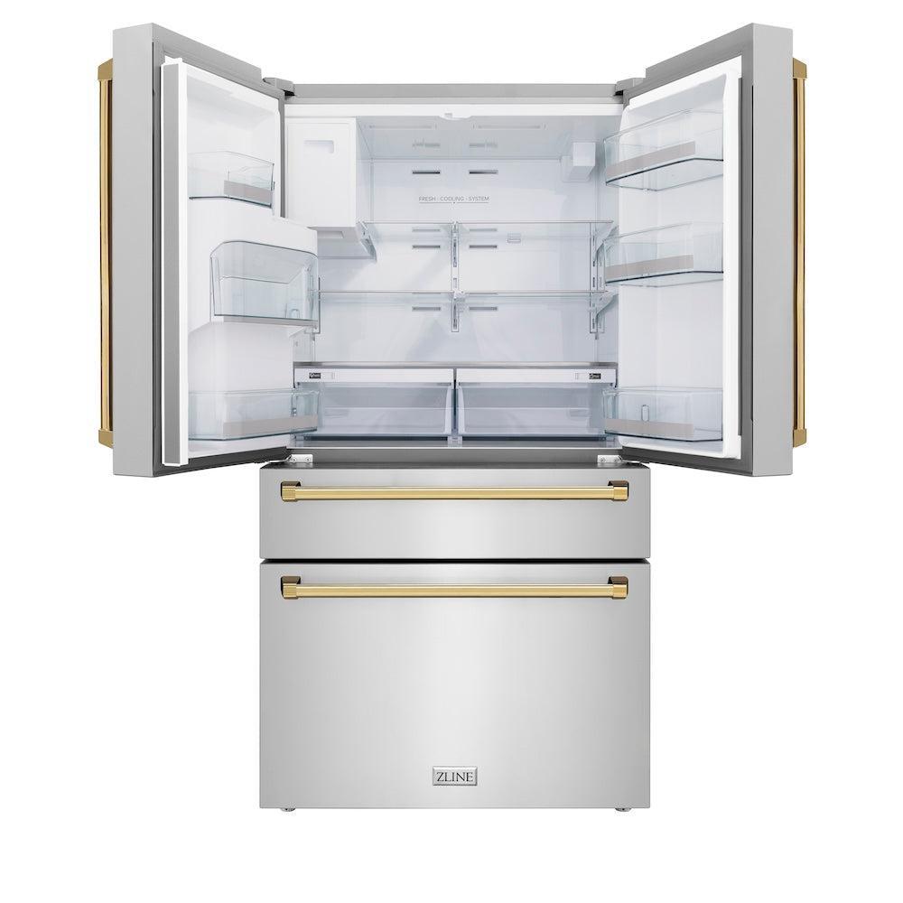 ZLINE Autograph Edition 36 Inch Counter Depth French Door Refrigerator - 21.6 cu ft Capacity, Fingerprint Resistant Stainless Steel with Polished Gold Handles, Built-in Water & Ice Dispenser (RFMZ W 36 G) - Perfect for Modern Kitchens, Open Concept Homes & Luxury Appliances Collection