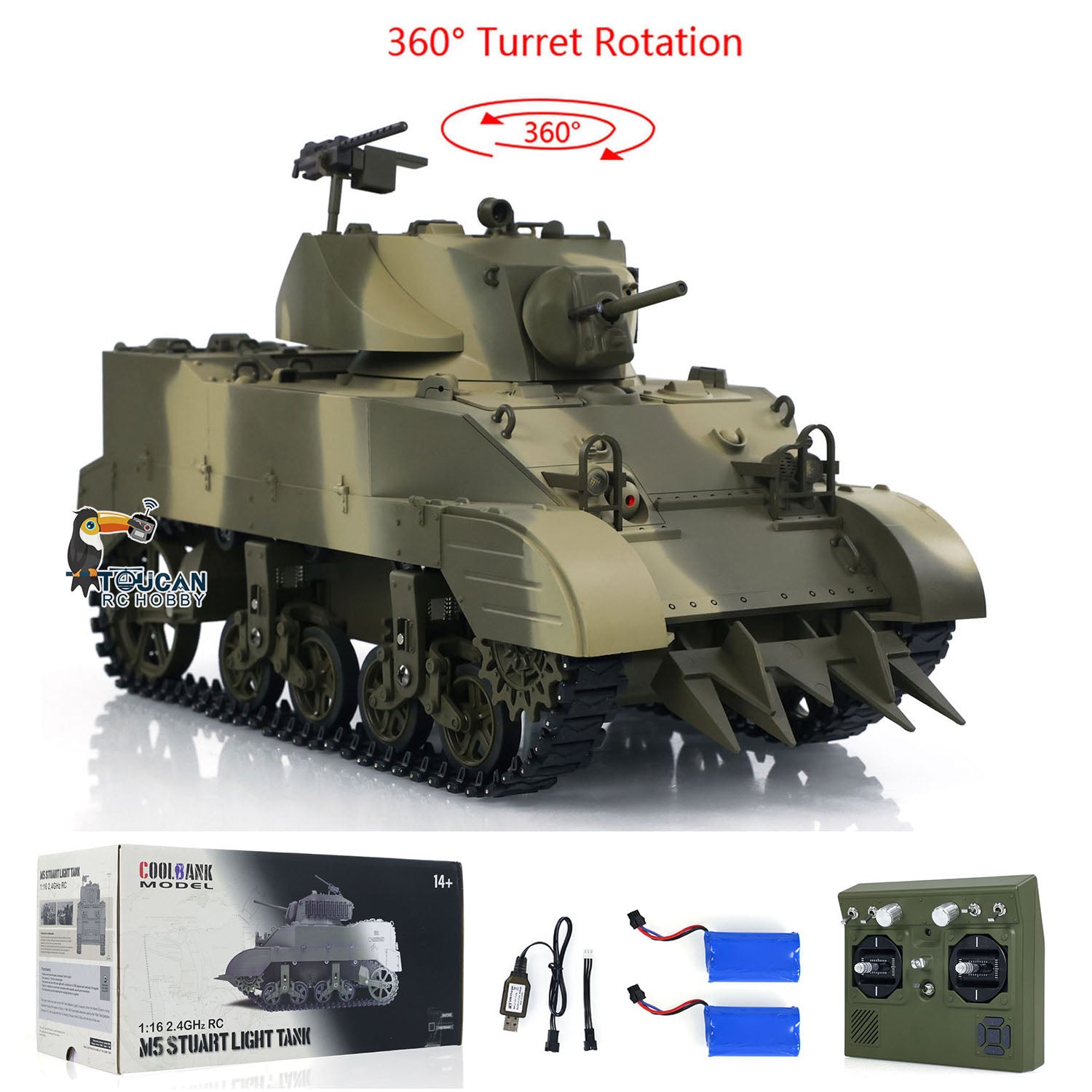 1/16 Scale US M5A1 Stuart VI RC Tank - Remote Control Ready-to-Run Light Tank with 360° Rotation, Smoke Effect, Barrel Recoil, LED Flash & Dual Battery System - Perfect for Military Enthusiasts & Battle Simulation Scenes
