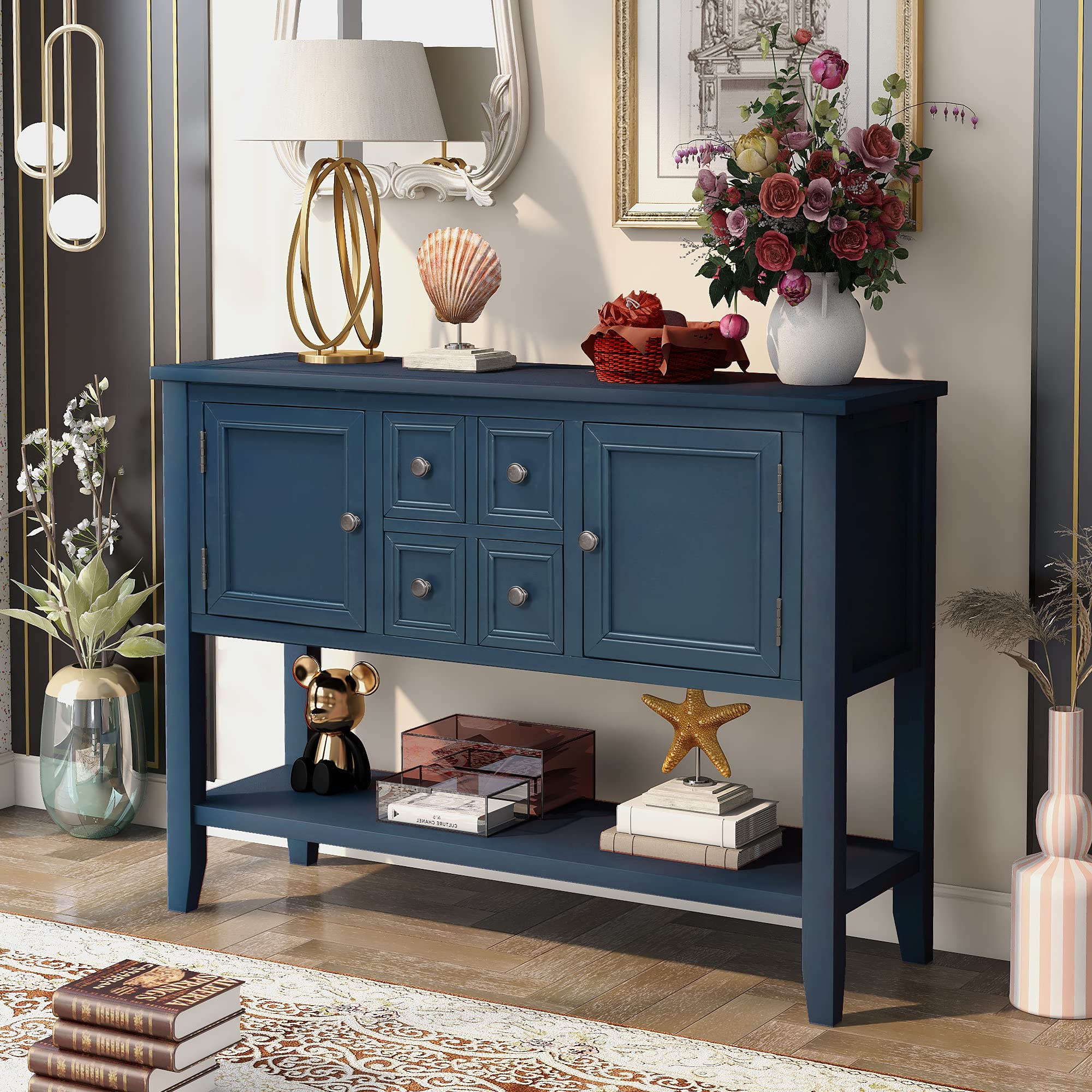 Swellsuite Wood Sideboard with 4 Drawers & 2 Cabinets - Entryway, Living Room, Bedroom Storage