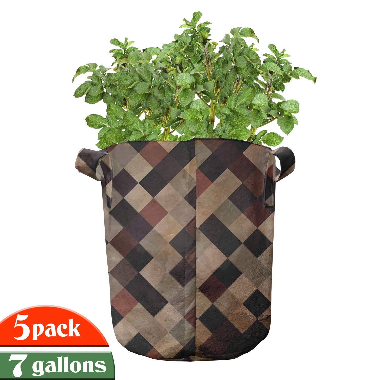 Ambesonne 5-Pack Heavy Duty 7 Gallon Fabric Grow Bags with Handles - Antique Brown Grid Design Plant Pots for Indoor/Outdoor Gardening, Vegetables, Flowers & Herbs