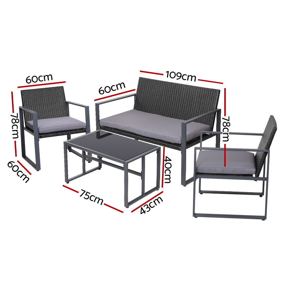 4-Piece Outdoor Rattan Sofa Set with Storage Cover - Black Patio Furniture for Garden, Poolside, and Backyard Relaxation