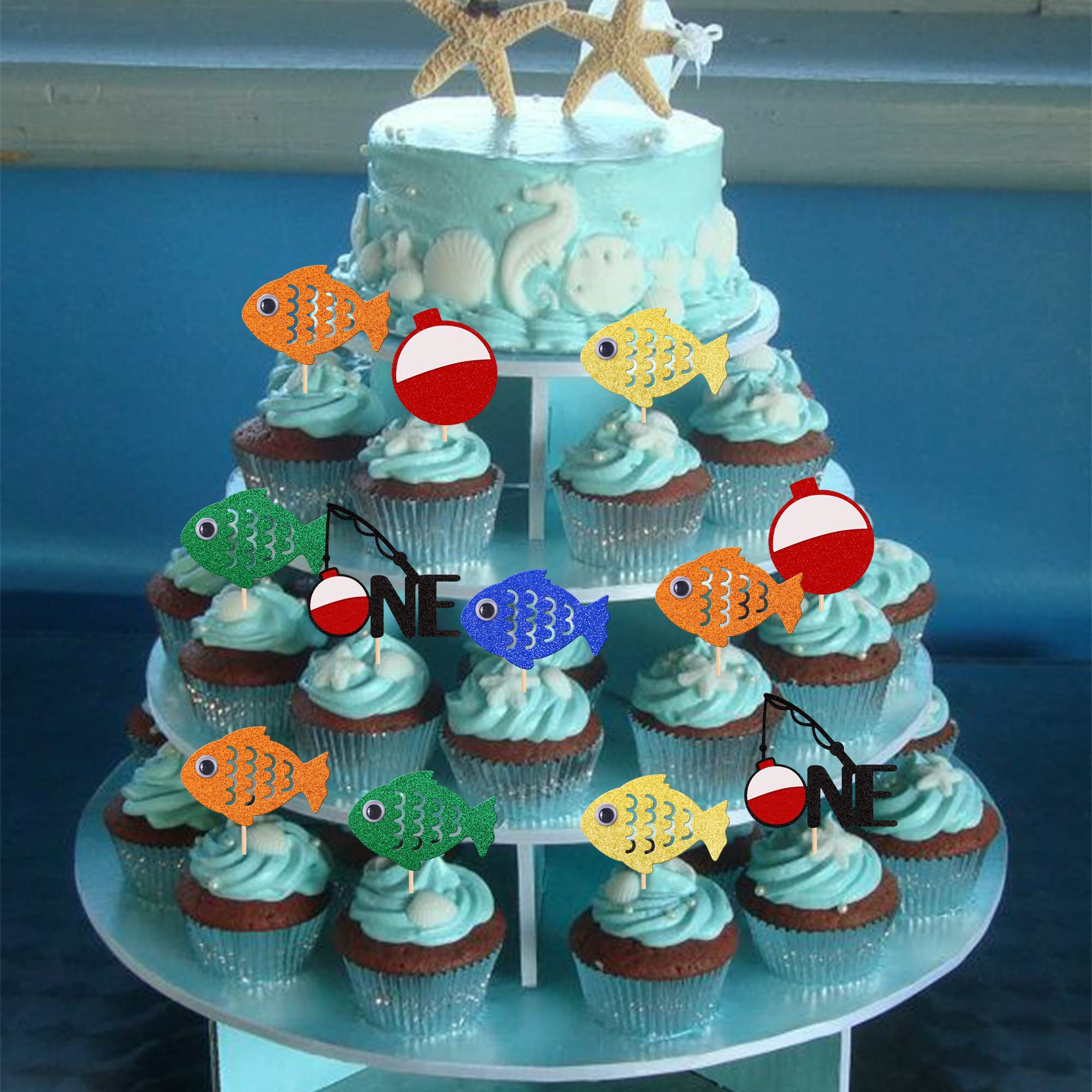 24 PCS 3D Eye Glitter Fishing Bobber Cupcake Toppers - The Big One Fisherman Cupcake Picks for Fishing Theme Party, Baby Shower, Kids 1st Birthday, Anniversary Cake Decorations - Perfect for DIY Baking and Party Supplies