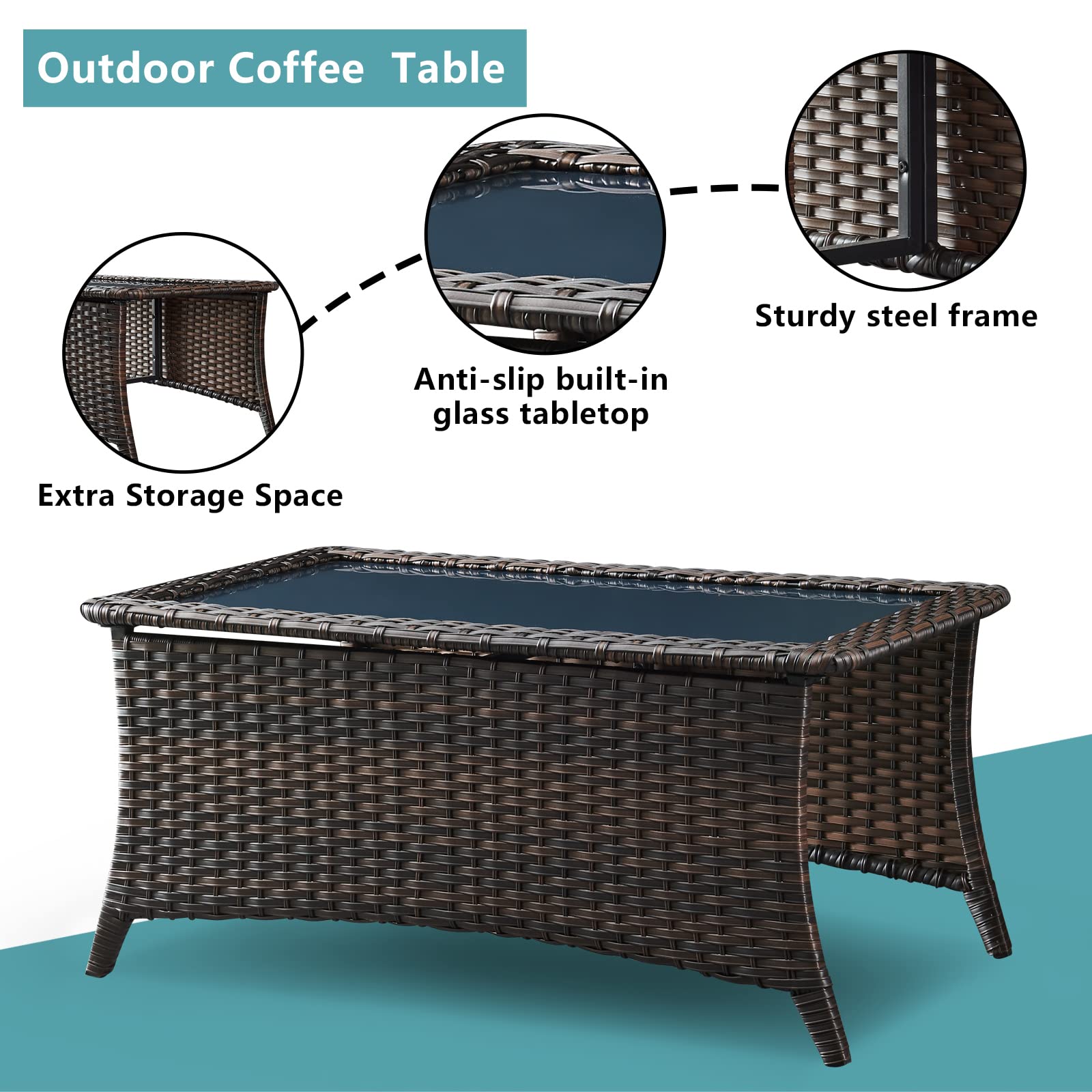 HUMMUH Outdoor Coffee Table with Black Glass Top - PE Wicker Rattan Patio Side Table - Rectangle Sofa Table in Dark Brown - Perfect for Garden, Balcony, and Poolside Relaxation