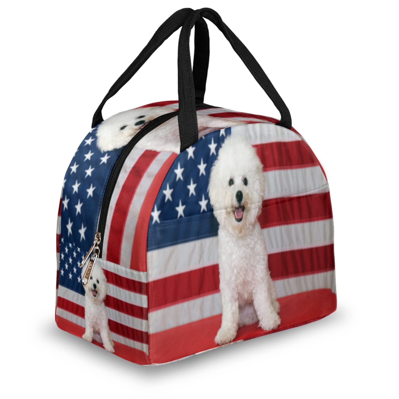 Insulated Lunch Bag for Women & Men - Reusable Cooler Lunch Tote with USA Flag Design - BPA-Free Food Container for Office, School, Picnic, Hiking & Outdoor Activities - Perfect for Adults, Kids & Pet Lovers (Bichon Frise Dog Pattern)