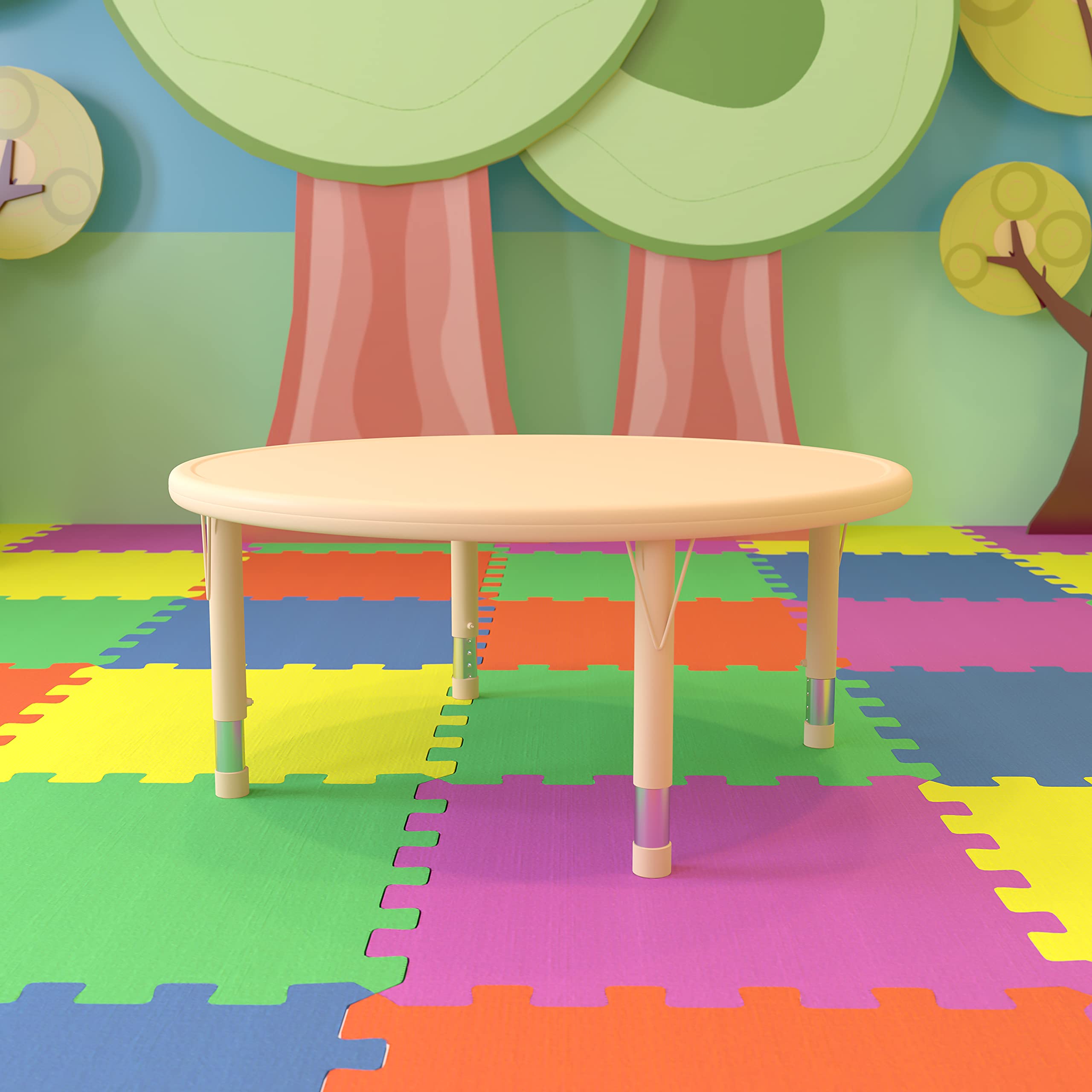 EMMA + OLIVER 45 Inch Round Adjustable Height Kids Activity Table - Natural Plastic School Table for 4 Children | Perfect for Classroom, Playroom & Homeschool Learning