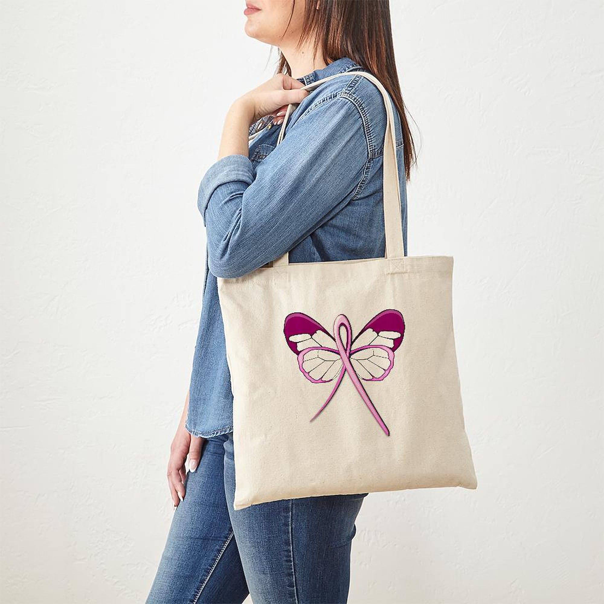 Breast Cancer Awareness Butterfly Tote Bag - Natural Canvas Reusable Shopping Bag for Women | Support Survivors, Grocery Shopping & Beach Day Essentials